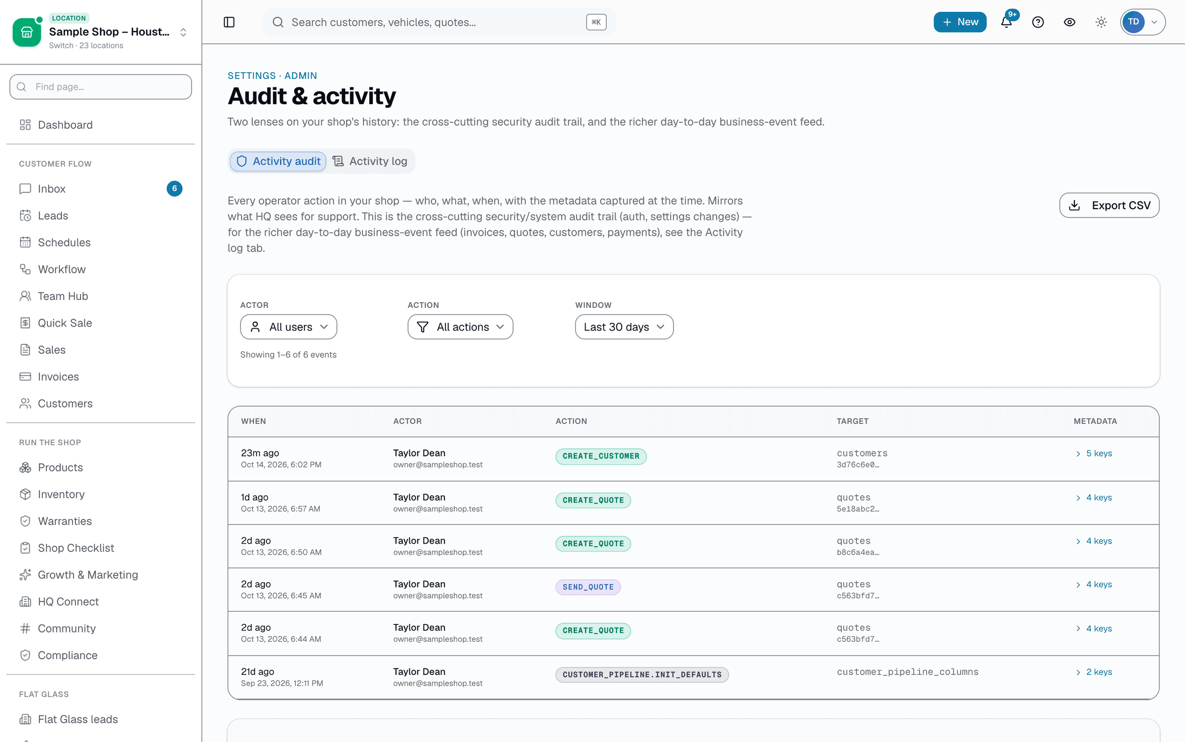 The scoreboard only shows what's scrolling by right now — it isn't a searchable log. /app/settings/audit's Activity tab (Owner/Admin/Manager only) is a real business-event log covering invoices, quotes, customers, appointments, and payments — filterable by entity type, actor, and date range, with a free-text search box and full CSV export of everything matching your filters, not just the visible page..