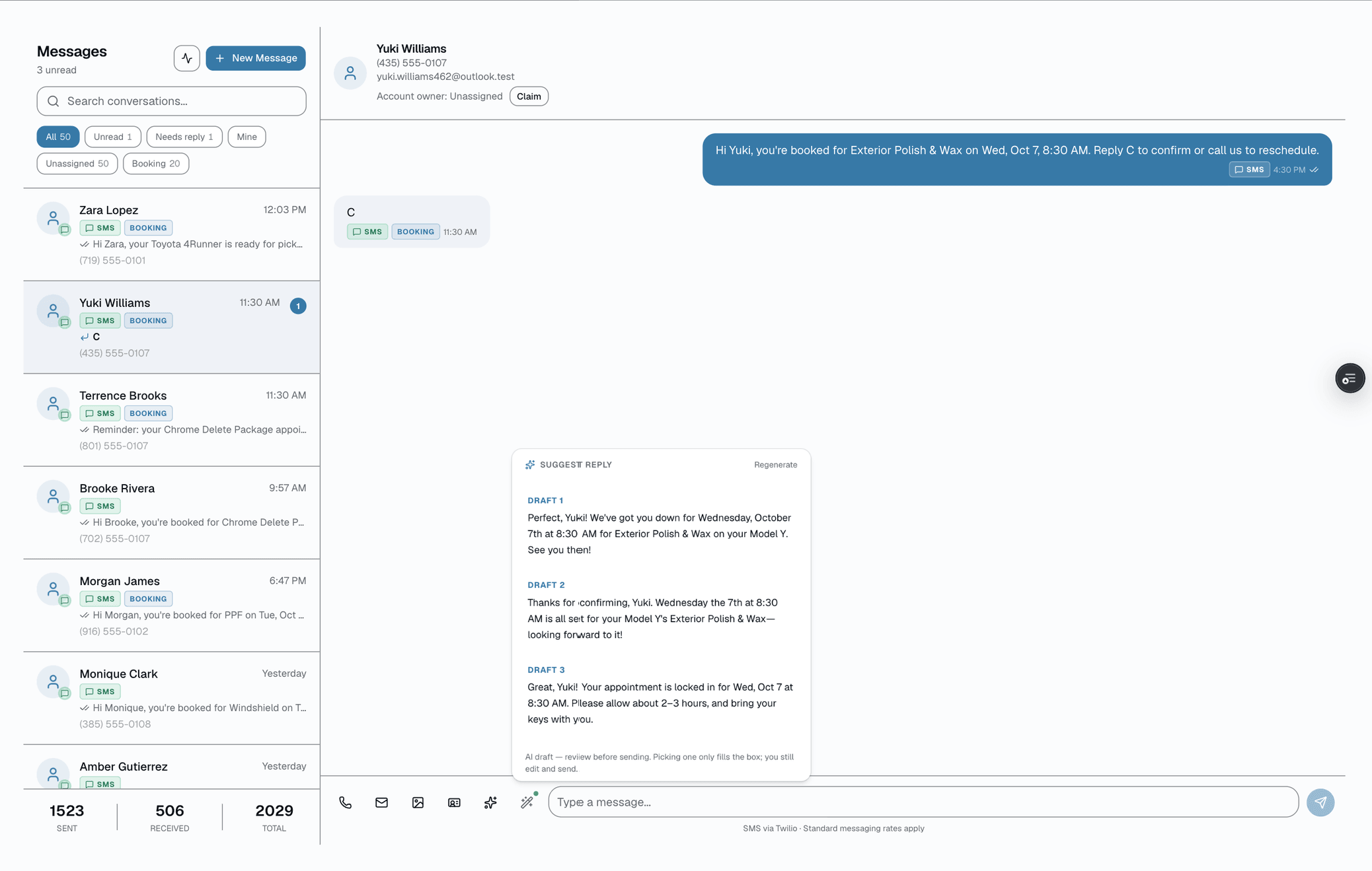 Tap Suggest reply on any conversation and get up to three voice-matched options grounded in the actual thread. You pick one, edit it, and send.