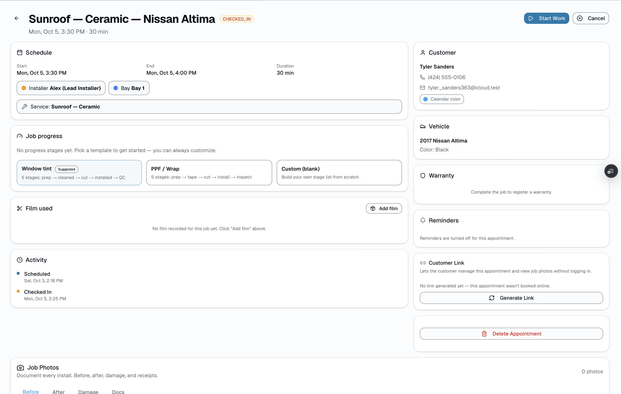 Tap any appointment for customer, vehicle, assigned installer/bay, notes, photos, and a status-progress button — all without leaving the calendar.