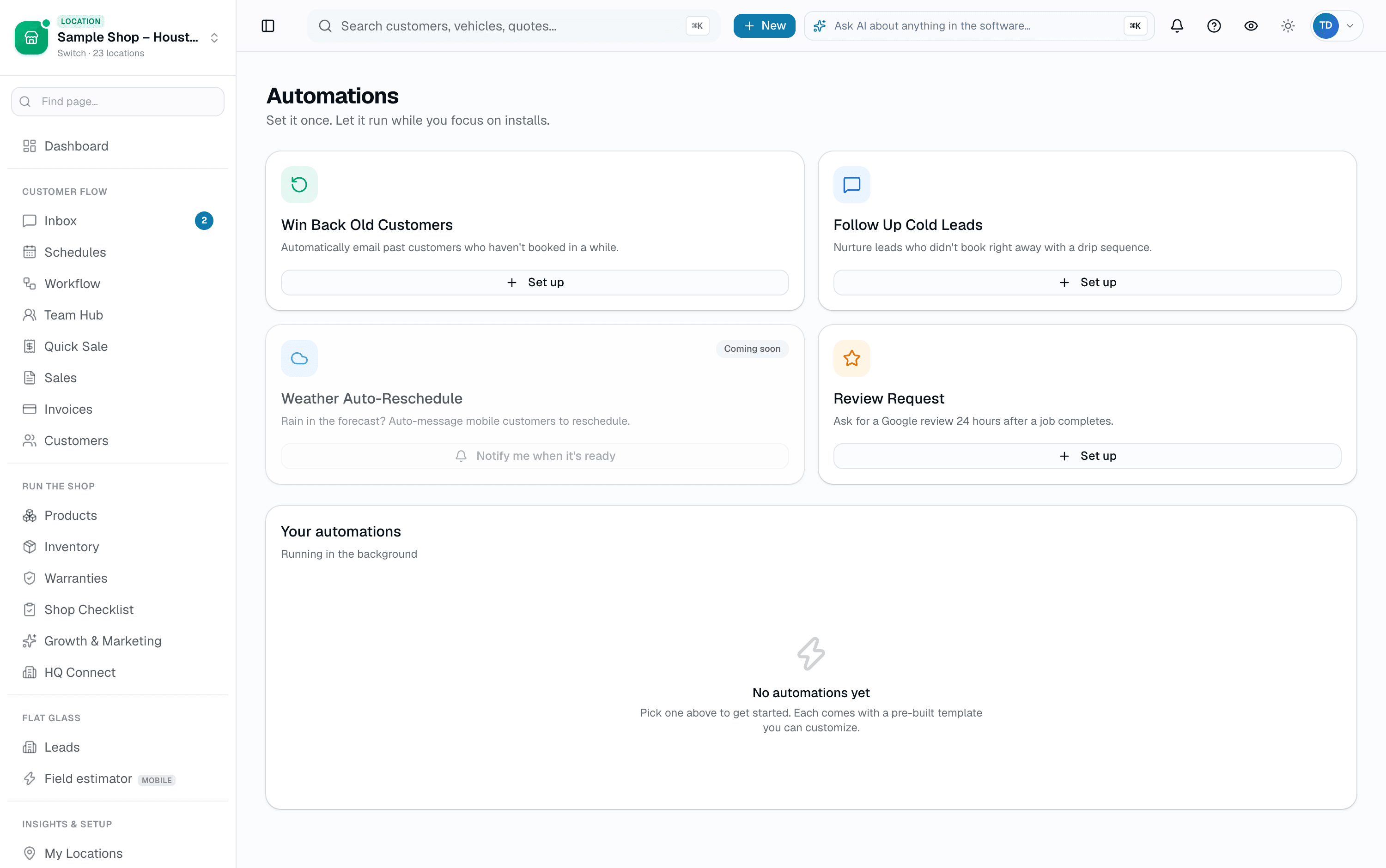 Win-back, lead follow-up, and review-request automations, each starting from a pre-built template you can customize. Tapping Set up is where you choose the pace — Minimal, Recommended, or Beast Mode, by touch count.