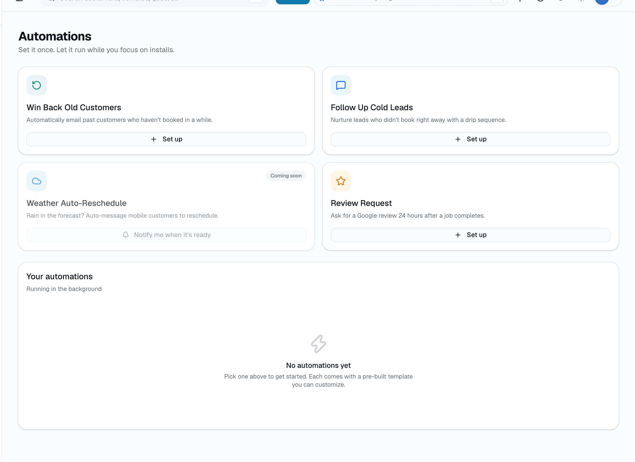 Win-back, lead follow-up, and review-request automations, each starting from a pre-built template you can customize. Tapping Set up is where you choose the pace — Minimal, Recommended, or Beast Mode, by touch count.