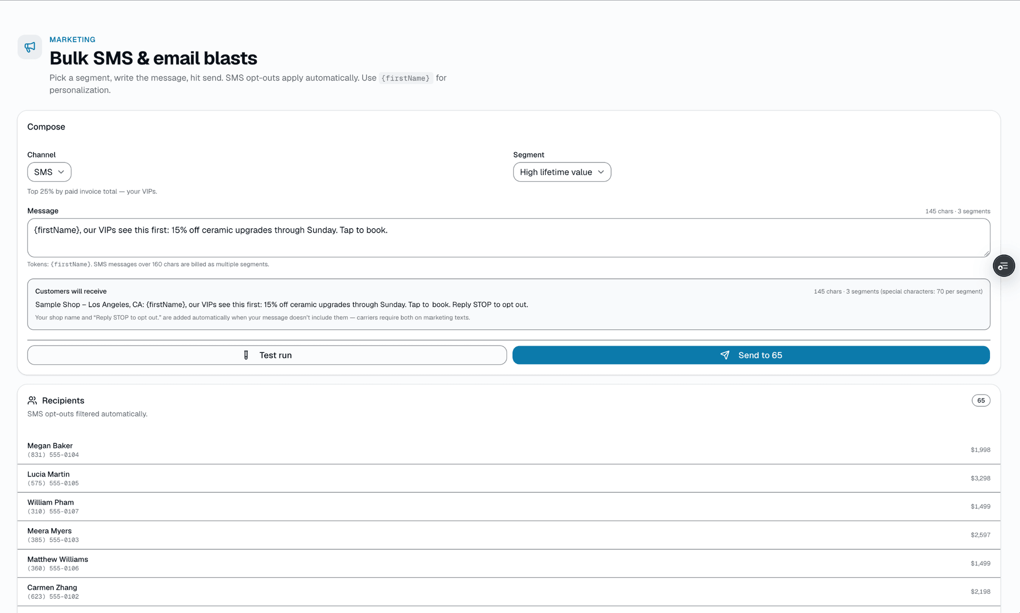 On Growth and up, pick one of 7 built-in segments — all customers, new in 30 days, high lifetime value, just completed, quiet 90+/180+ days, or churned (or a custom list handed off from an AI tool) — preview exactly who will receive it and how many are excluded for opting out, compose the message with a first-name merge field, and send by SMS or email. Built-in STOP compliance means opt-outs stop future sends automatically — no accidental re-contacts..