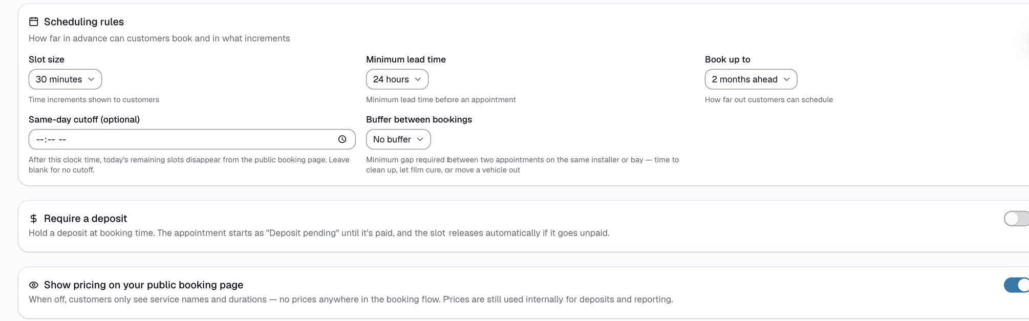 When your policy requires a deposit, the customer pays by card right after they submit the booking — the appointment is already on your calendar and held while they pay. No more "hey, can you Venmo me the deposit to confirm?" followed by silence..