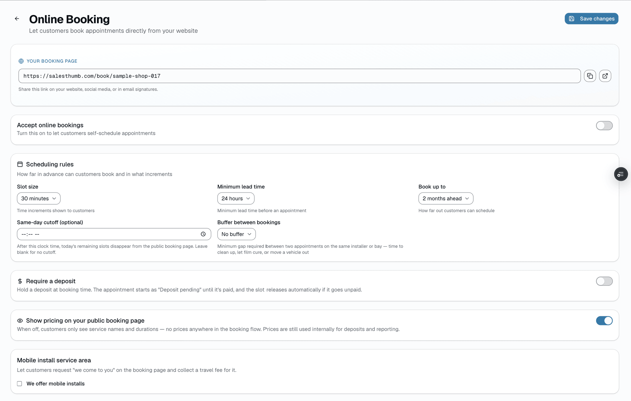 Set lead time, max advance, and business hours per day in Settings → Online Booking, and blackout dates in the Sales Matrix estimate-scheduler settings, and every slot shown to a customer already respects them. Choose exactly which services are open to online booking — everything else stays quote-or-call-in..
