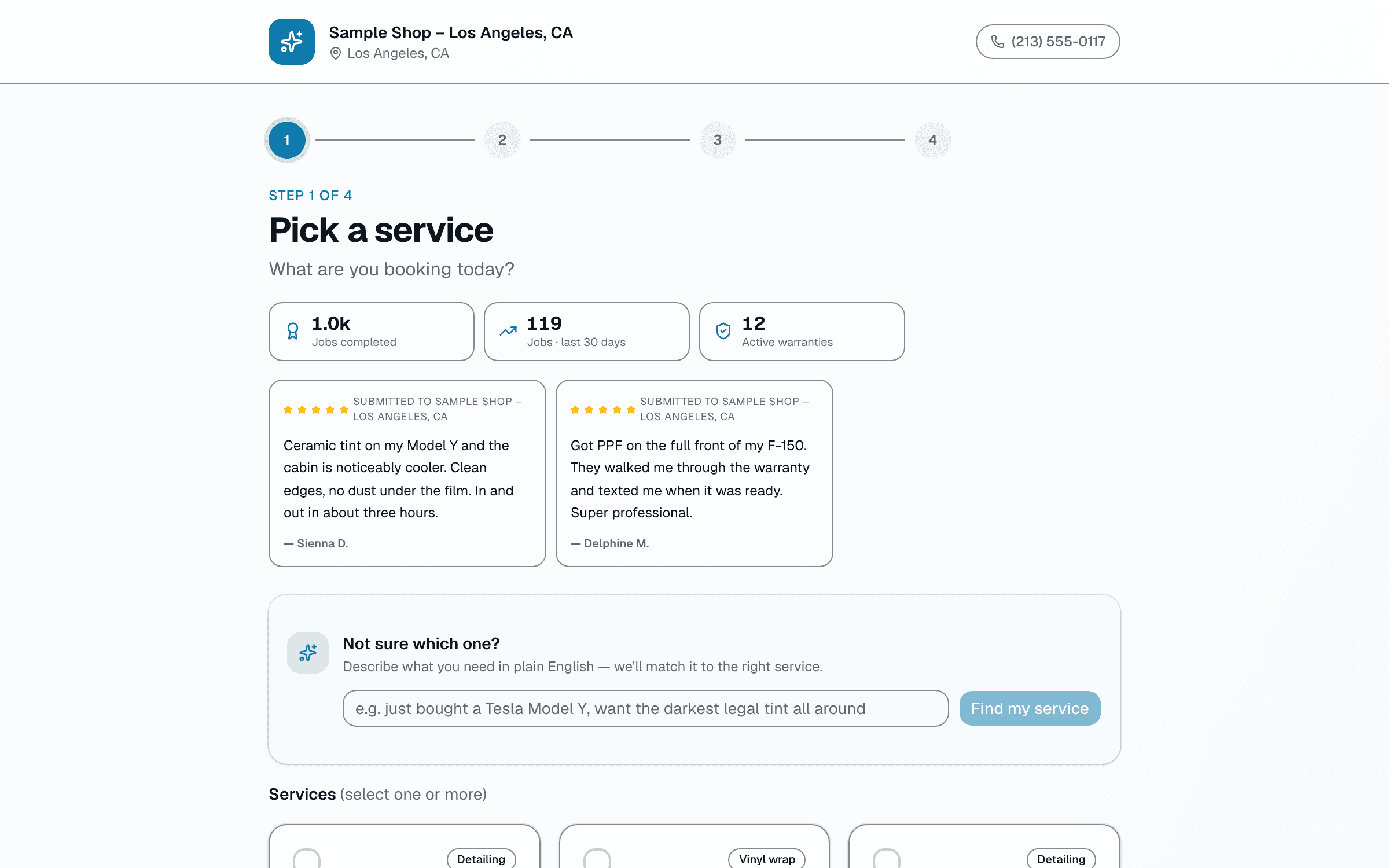 A shop's SalesThumb online booking page