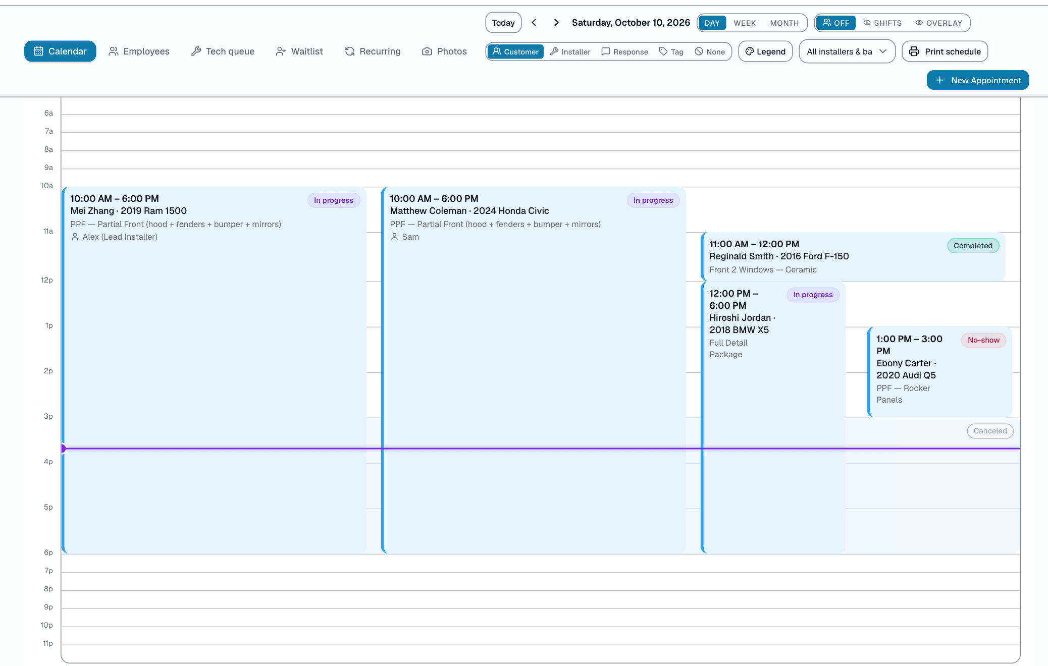 An hour-by-hour timeline of the day's appointments, each colored by which installer or bay it's assigned to.