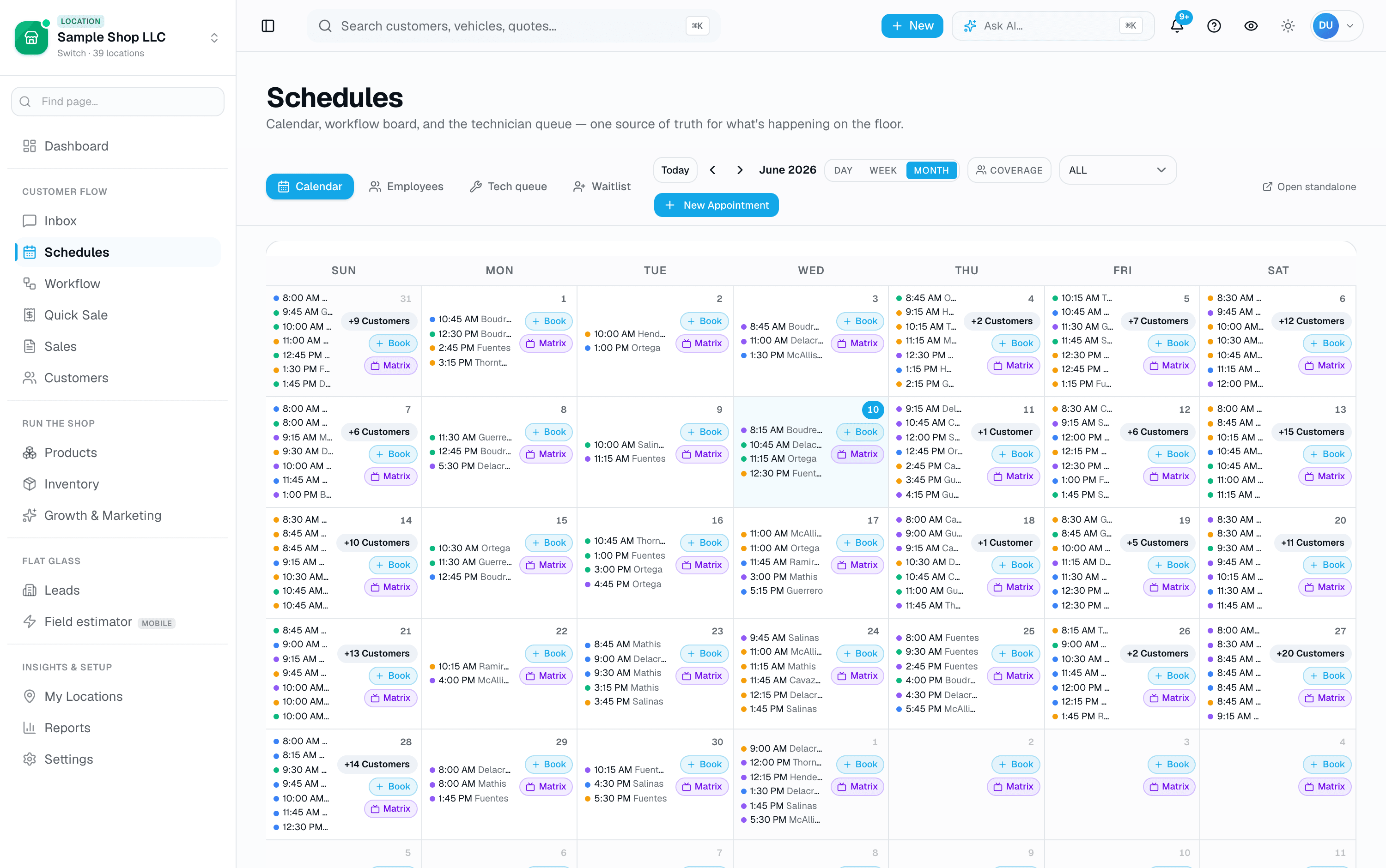 A real month at a packed shop — color-coded tint, PPF, and detail appointments with one-tap Book and Sales Matrix entry on every day.