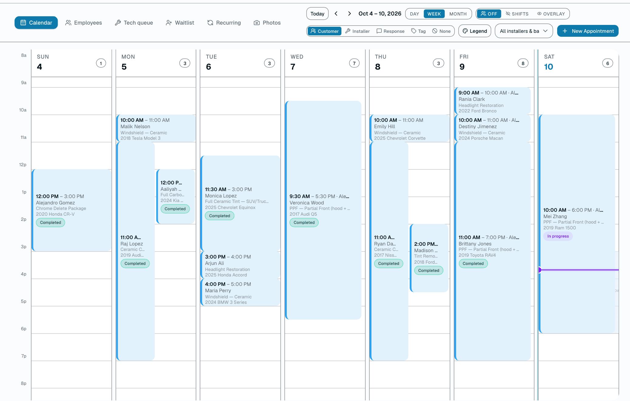 SalesThumb week calendar with jobs by installer