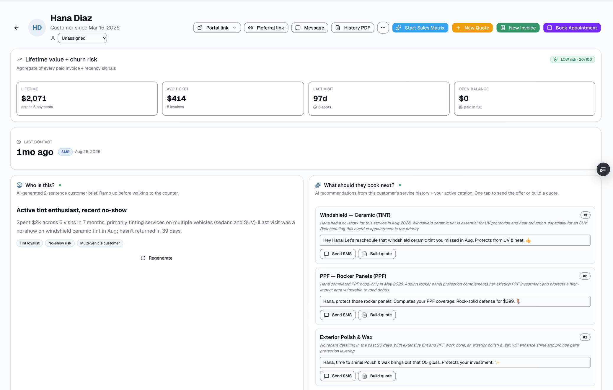 Click Generate and the panel returns 1-3 ranked services to pitch next, each with a reason and an SMS-ready pitch line. Sample Shop LLC, dark mode.