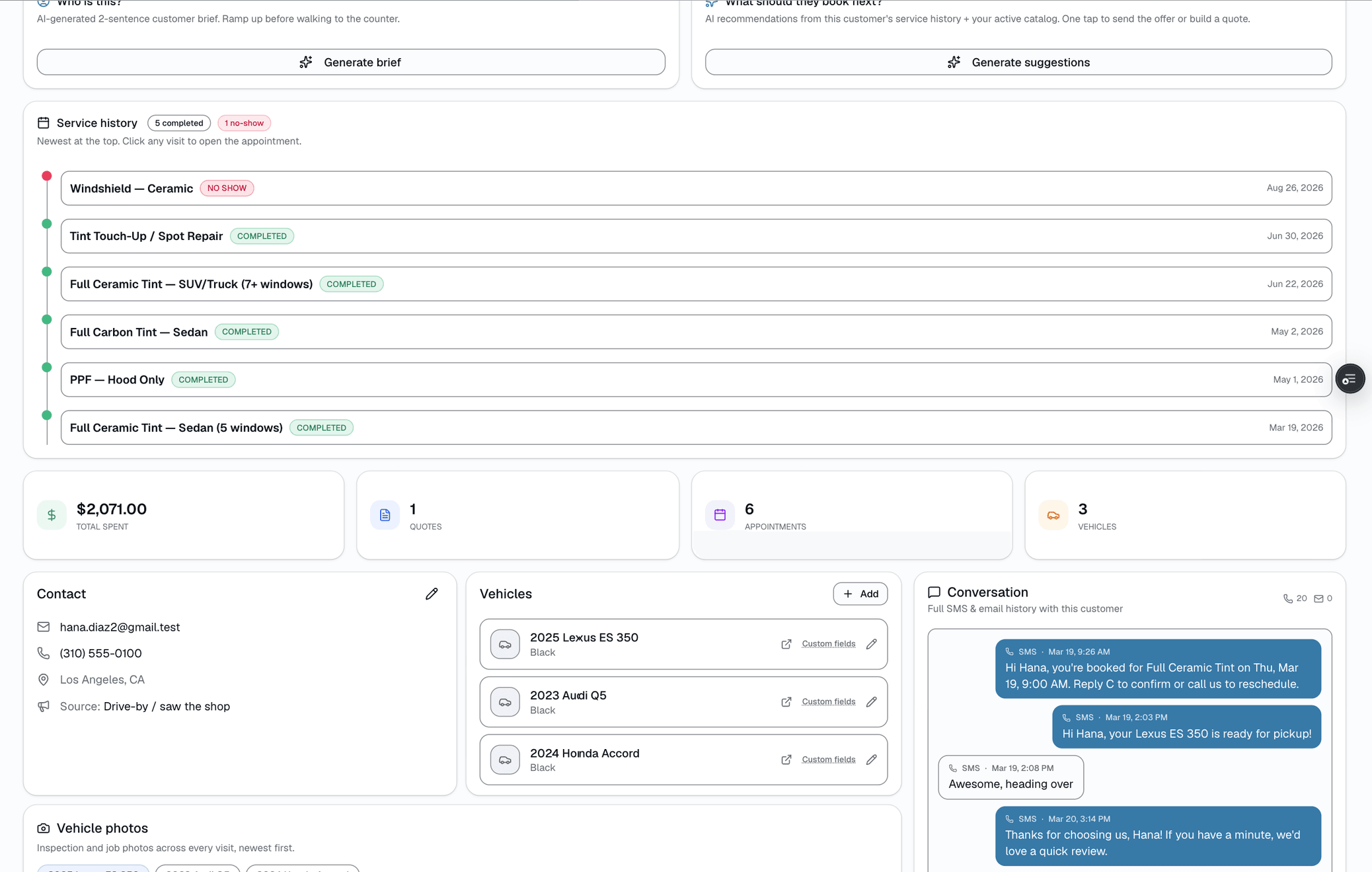 A customer's service history — appointments, quotes, invoices, photos, warranty — is visible from their profile instead of hunting across four tabs. Recent activity previews on the profile itself, with a link into the fuller history..