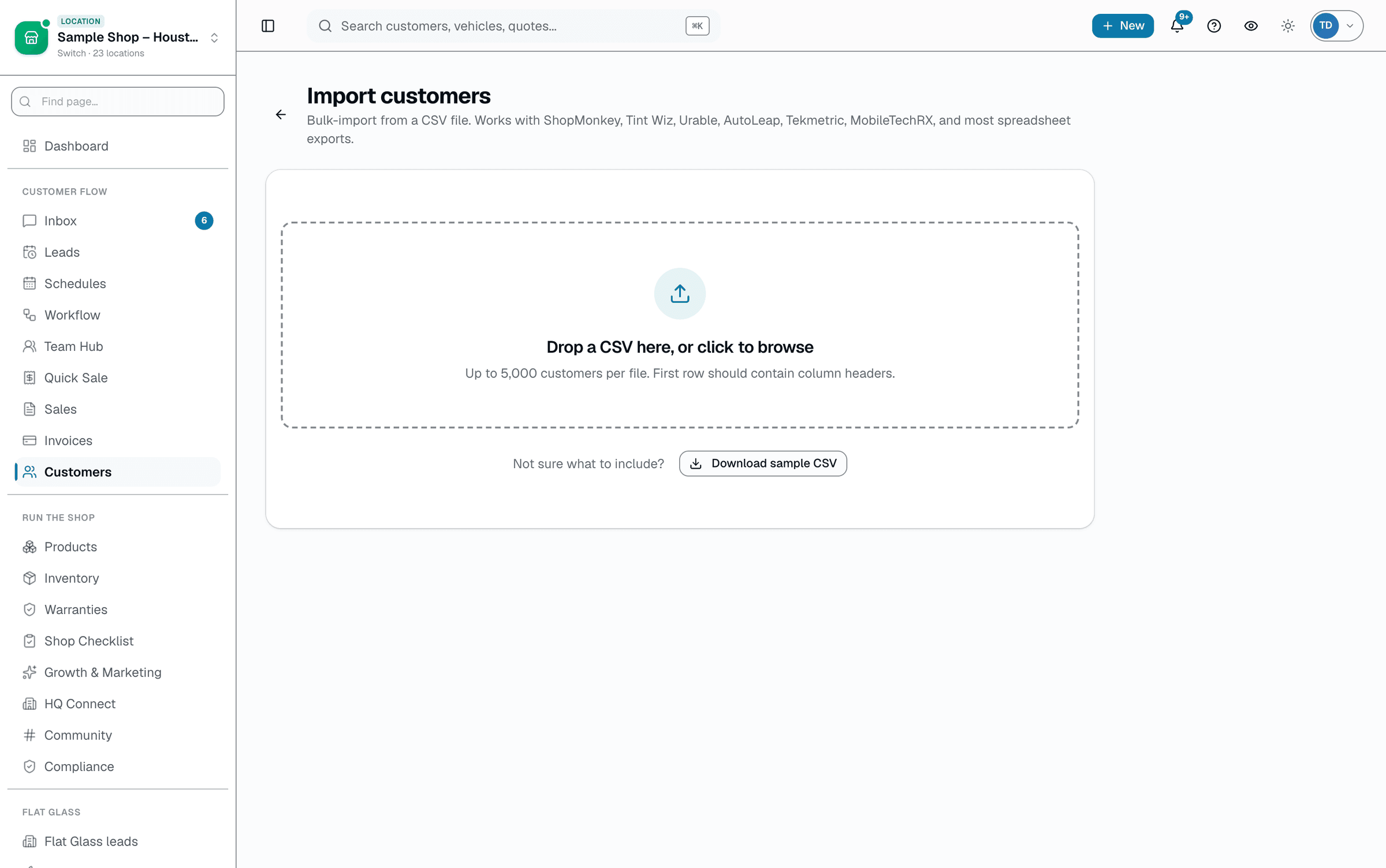 Moving off ShopMonkey or TintWiz is the scariest part of switching. Our importer maps CSV columns automatically for common export formats, dedupes by phone number, and shows you a preview of what will land before a single record is written..