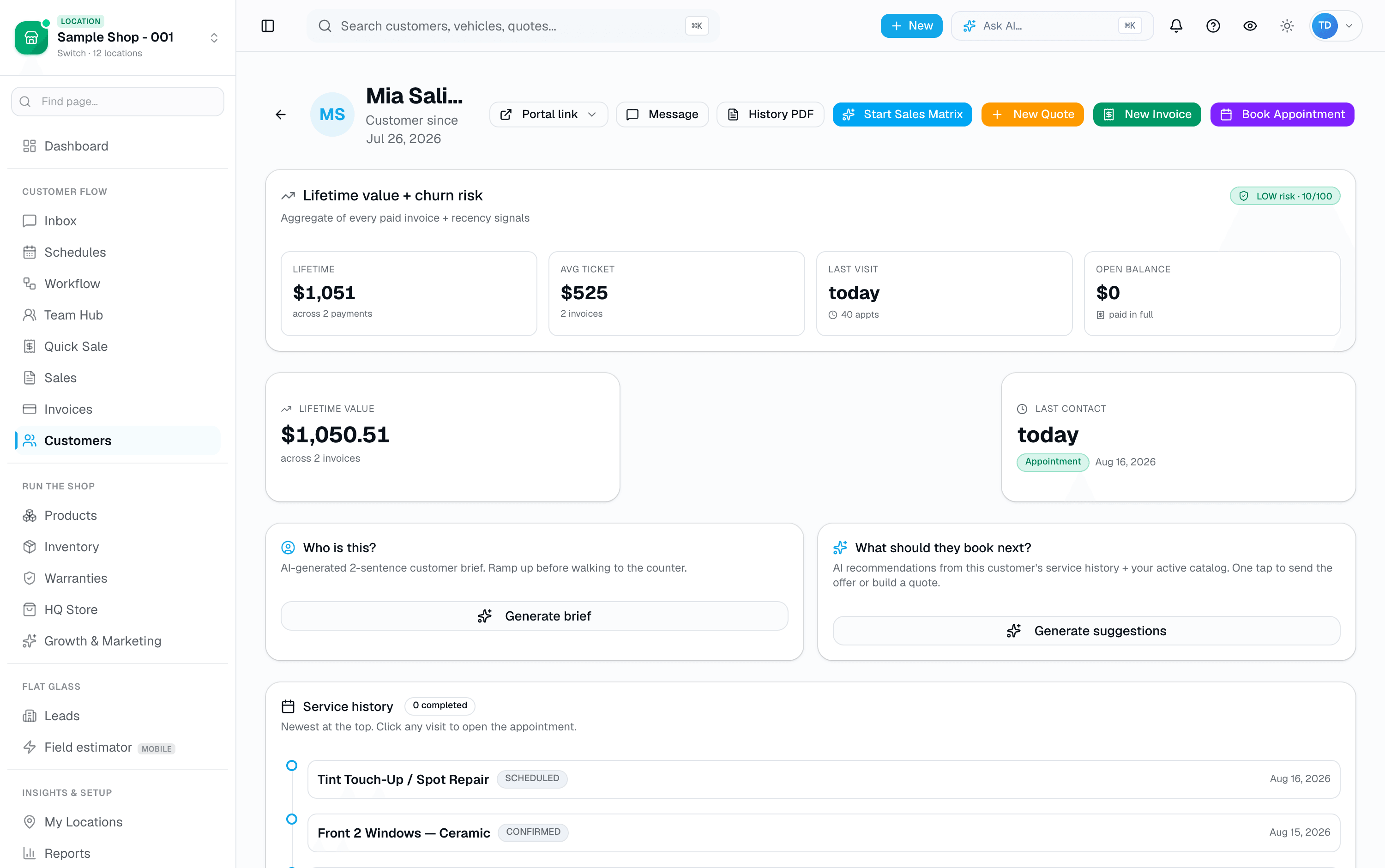 Lifetime value, churn risk, open balance, AI customer brief, and the full service history — all on one screen.