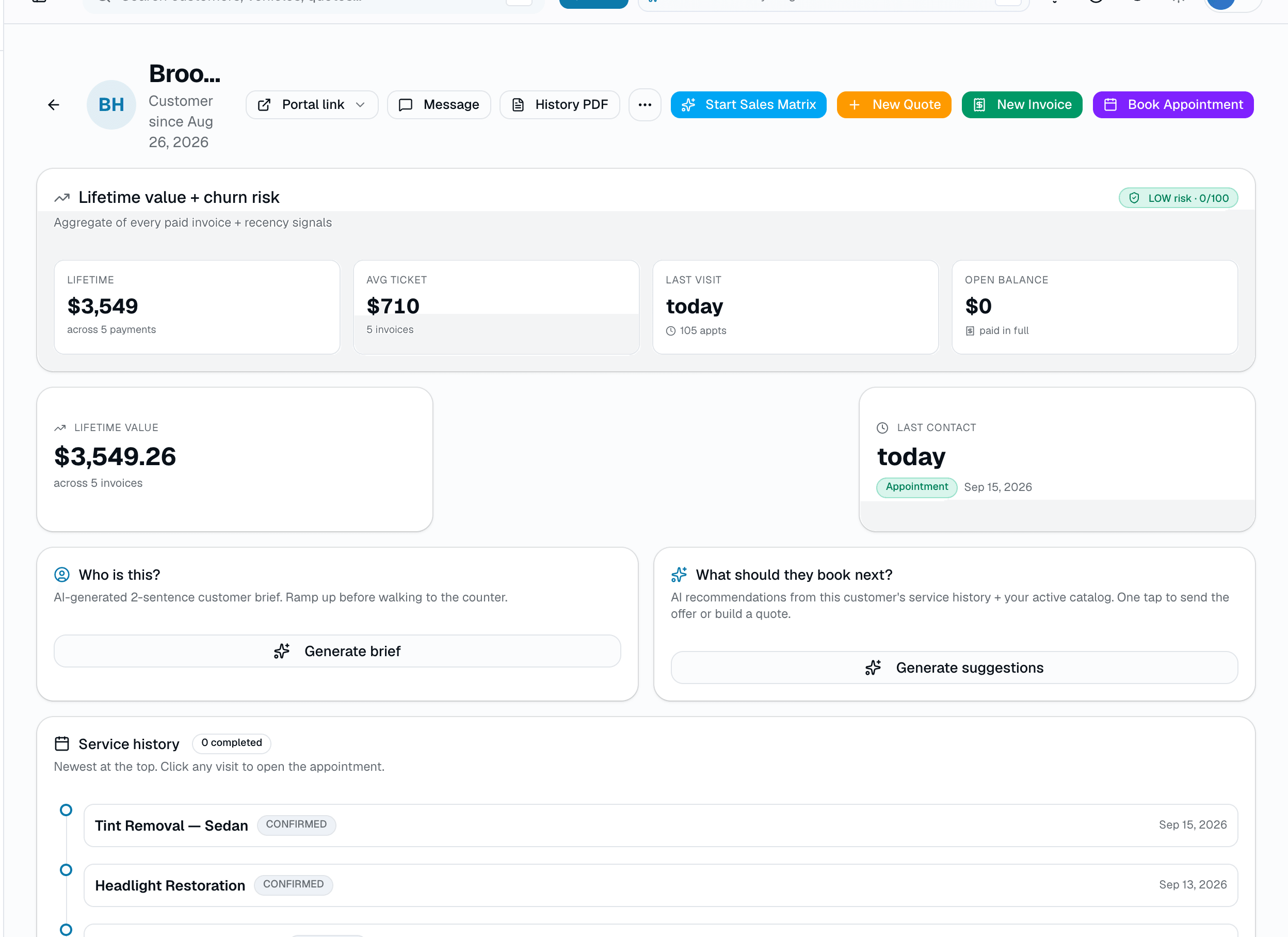 Lifetime value, churn risk, open balance, AI customer brief, and the full service history — all on one screen.