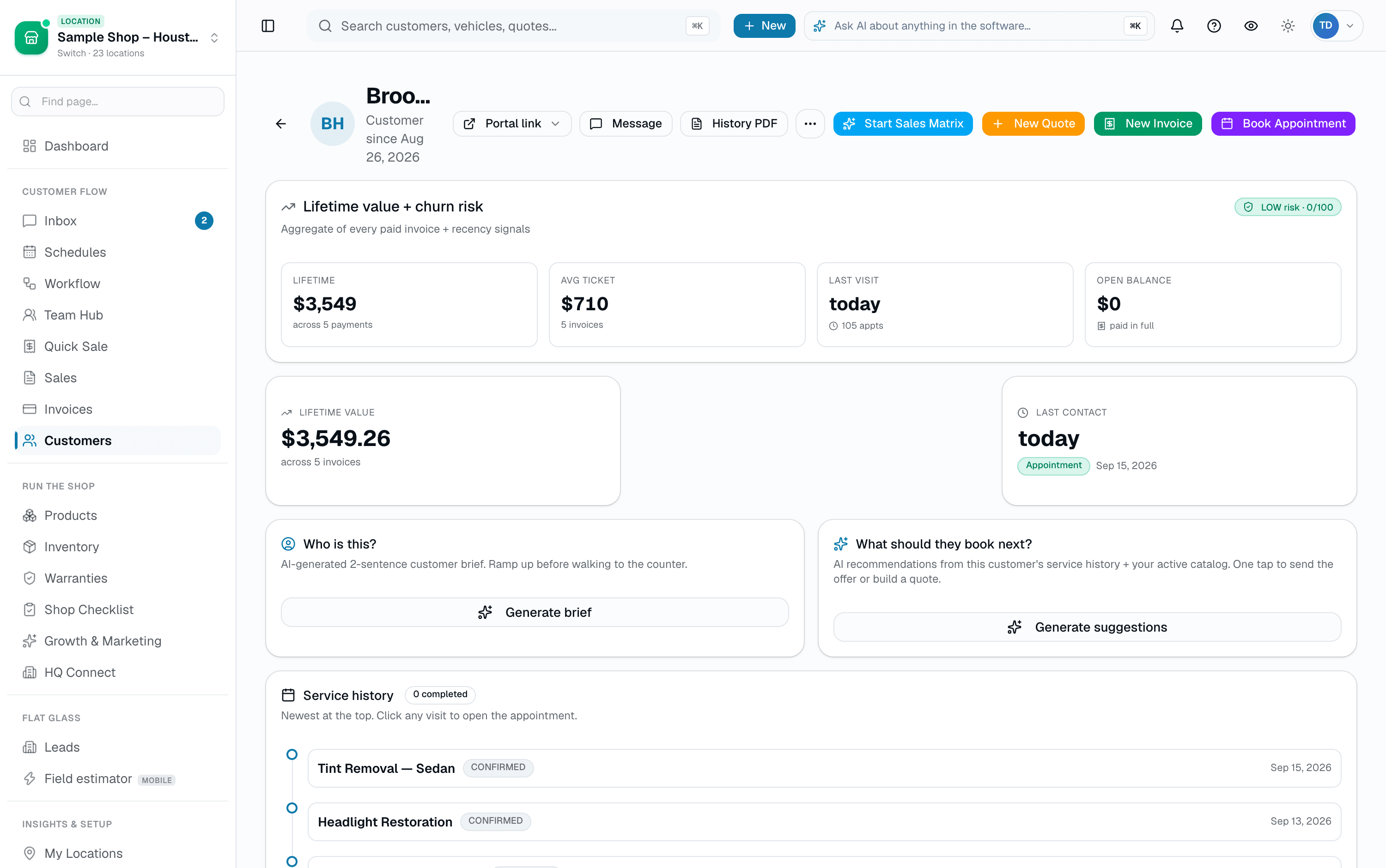 Lifetime value, churn risk, open balance, AI customer brief, and the full service history — all on one screen.