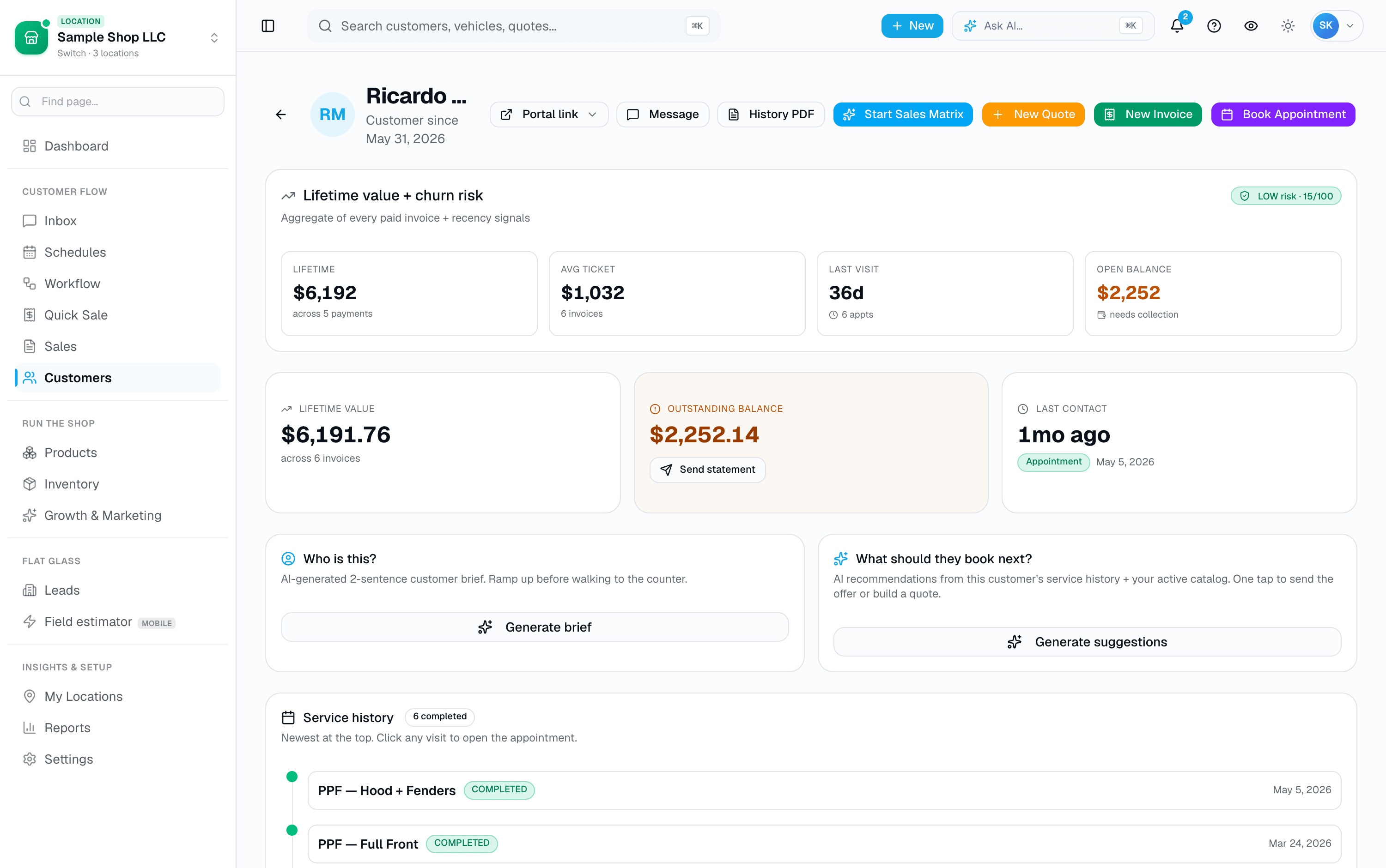 Lifetime value, churn risk, open balance, AI customer brief, and the full service history — all on one screen.