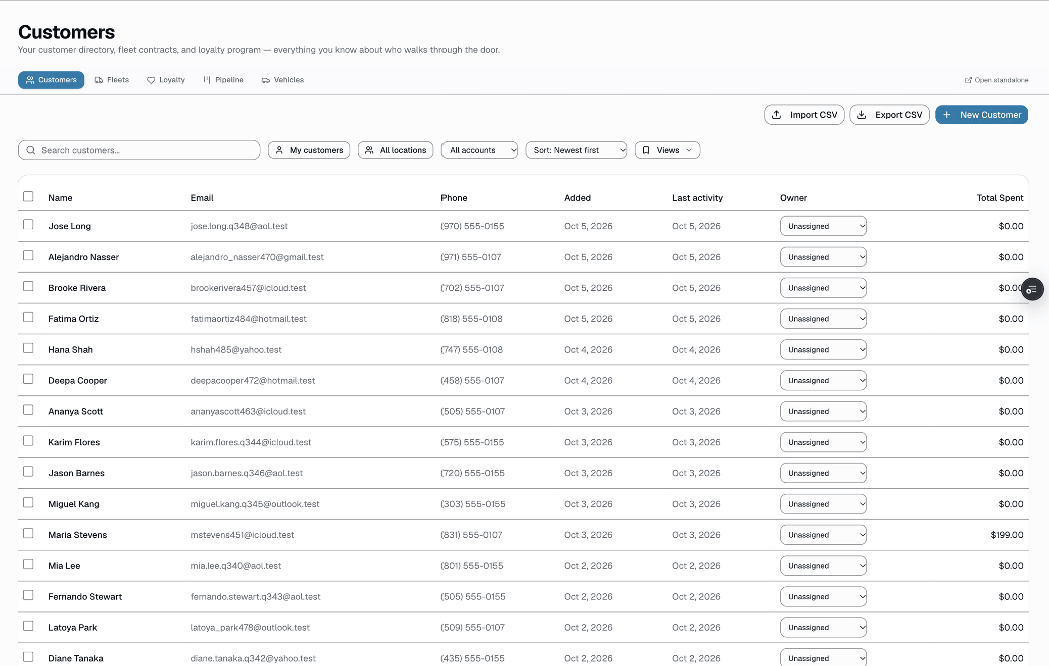 A live search bar sits in the header on every page, searching customers, vehicles, quotes, and invoices at once as you type. Type three characters of a name, four digits of a plate, six digits of a VIN, or the last four of a phone — matching results drop in below the bar instantly.