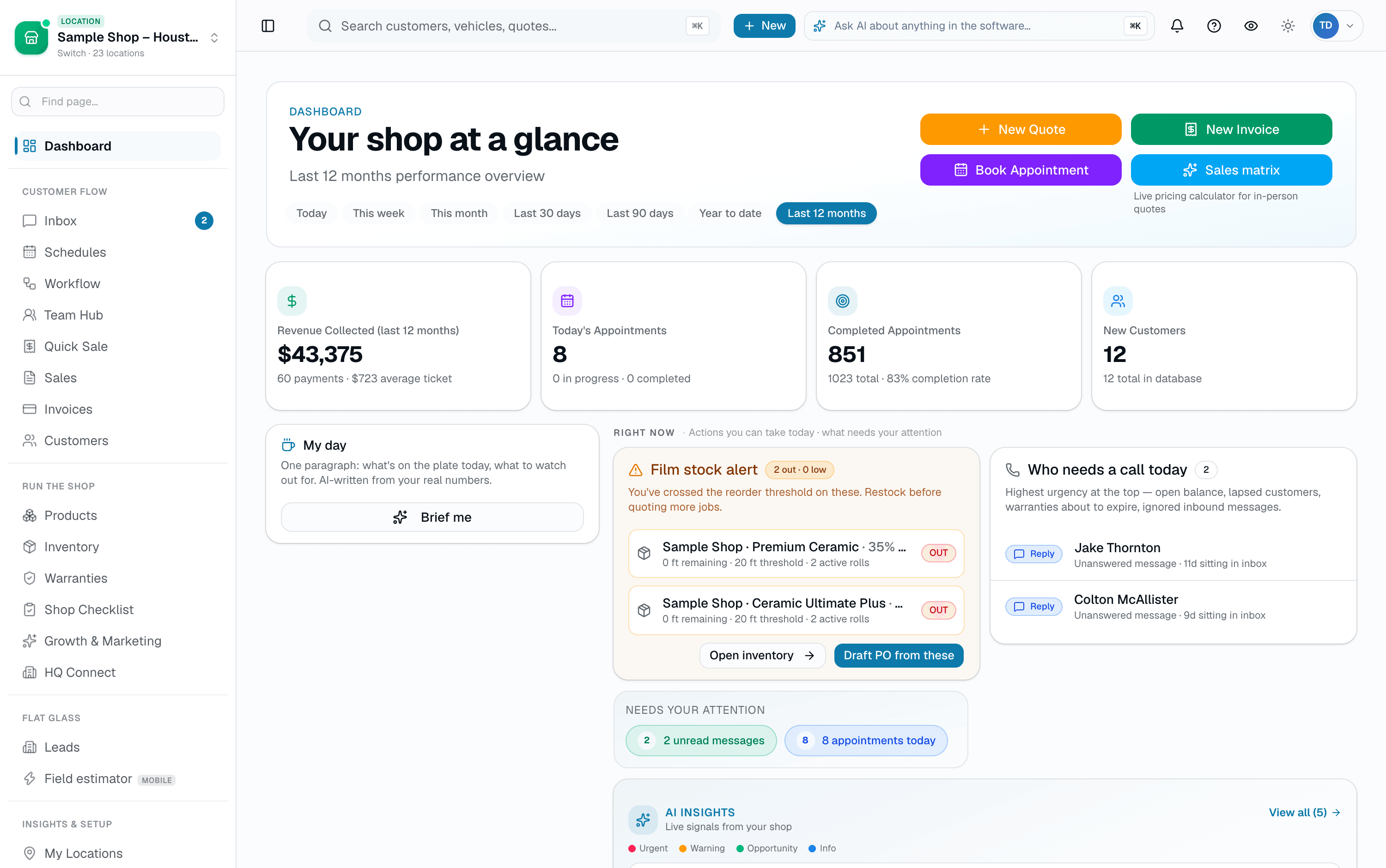 SalesThumb dashboard — scheduling, quotes, invoicing, and payments for a PPF installer in Delaware