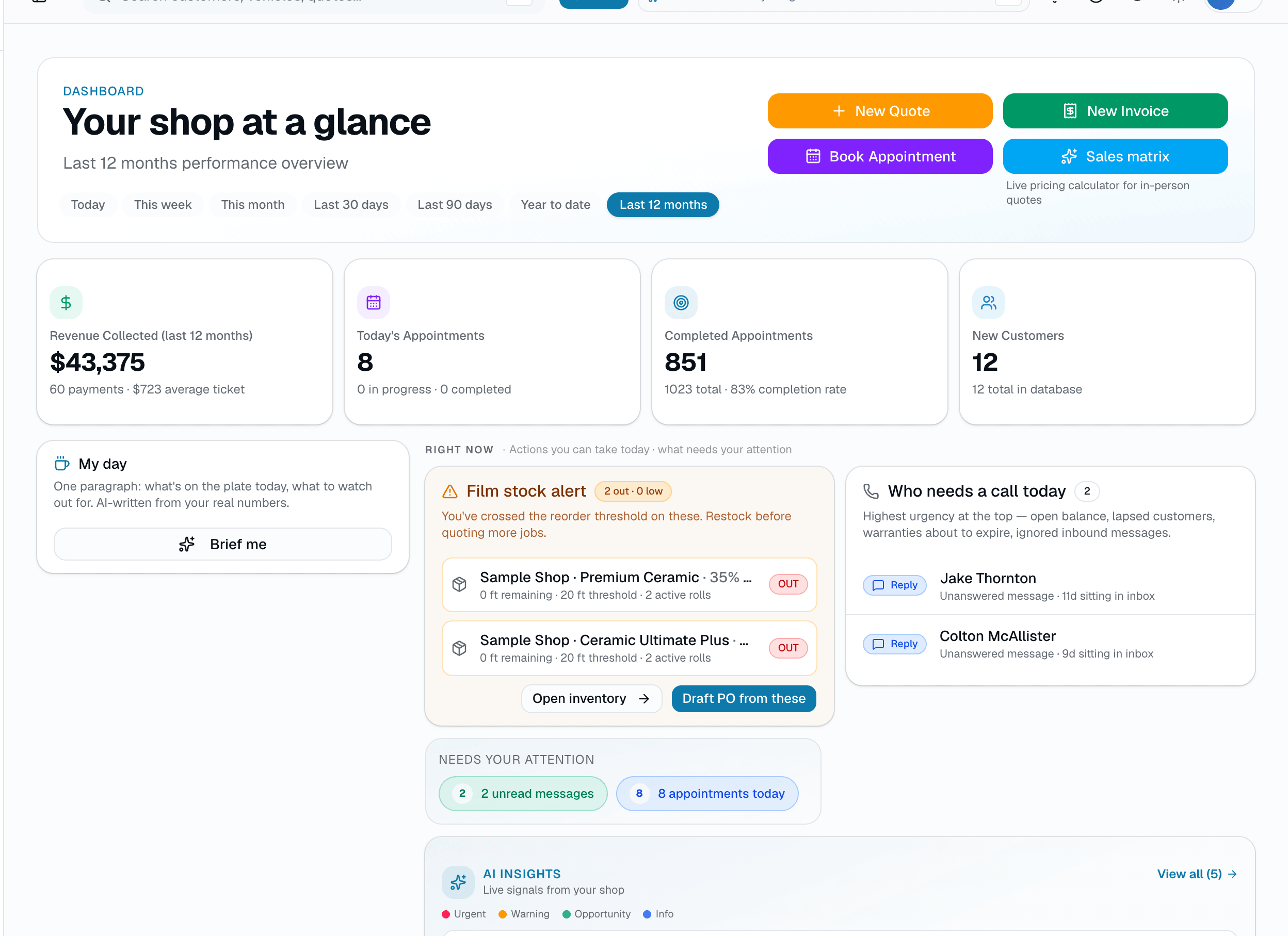 SalesThumb dashboard — scheduling, quotes, invoicing, and payments for a Auto detail shop in Connecticut