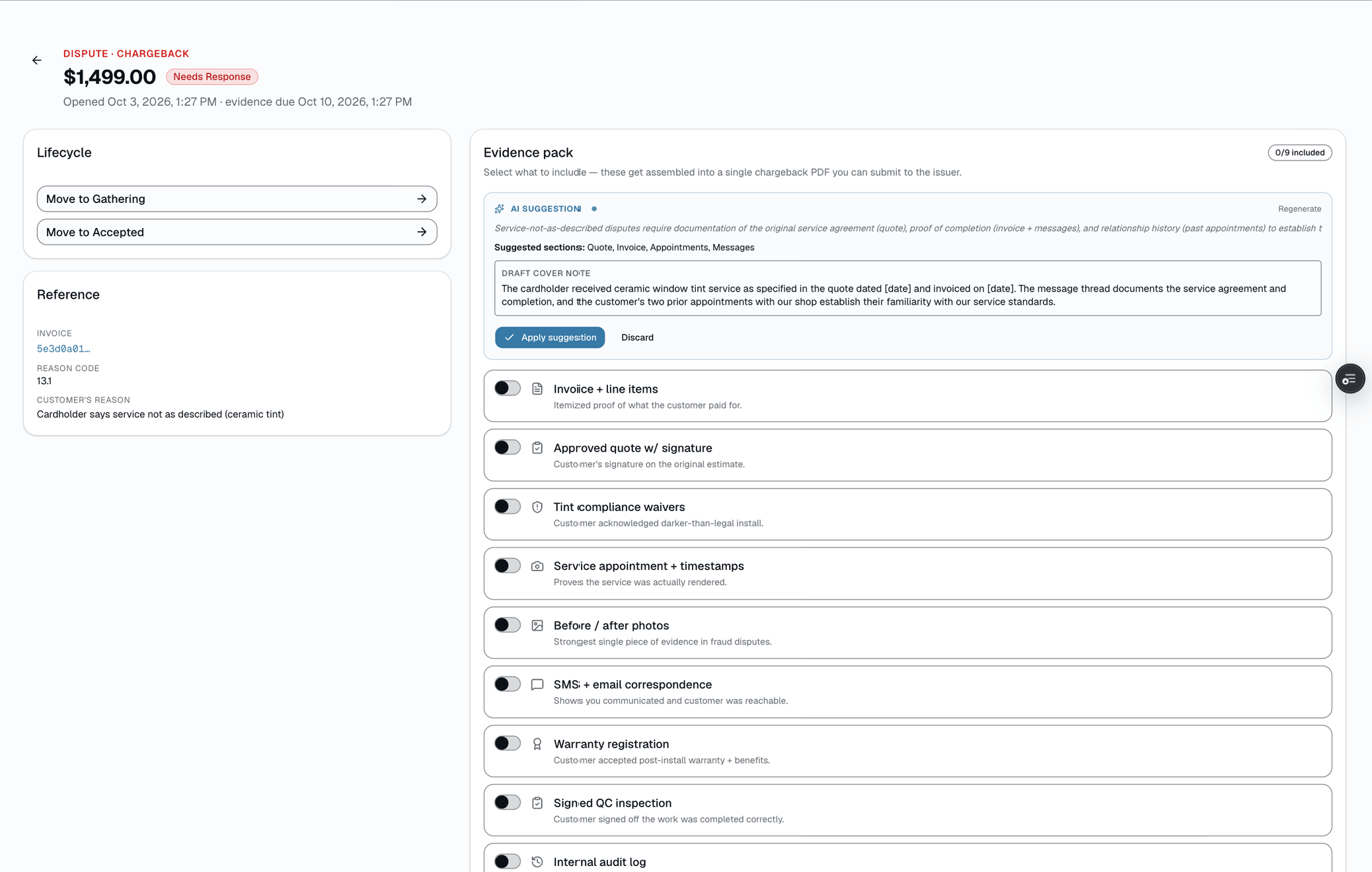 AI surveyed what's on file for this chargeback and recommends which sections to include — quote, invoice, photos, messages — with empty sections already filtered out.