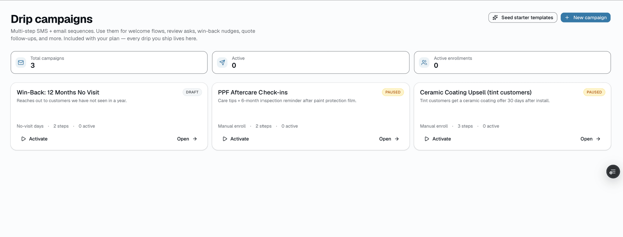 7 starter templates, live enrollment counts, one card per campaign with trigger, step count, and active enrollments. One screen for the whole add-on.