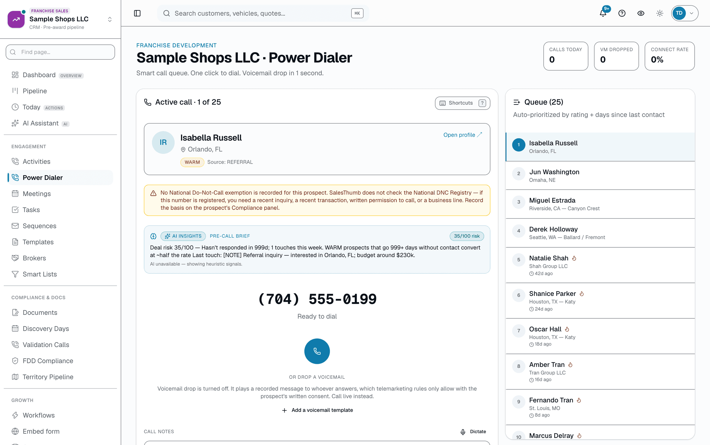 Click any number in the pipeline to place a Twilio call. Real prospect context on the right; AI-structured notes after you write your own.