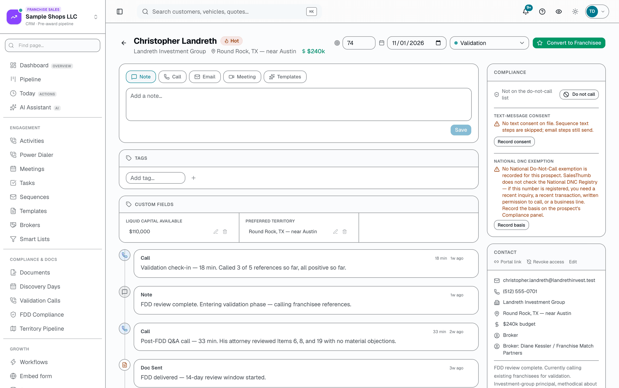 Full activity timeline, open tasks, notes, and FDD-delivery status. One screen, one prospect.