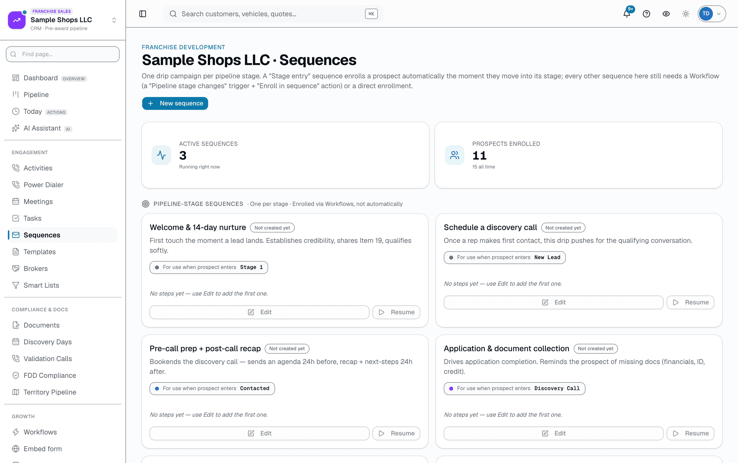 One sequence per pipeline stage starts on its own when a prospect lands there. Add email, SMS, task and wait steps with day offsets, or enroll by hand.