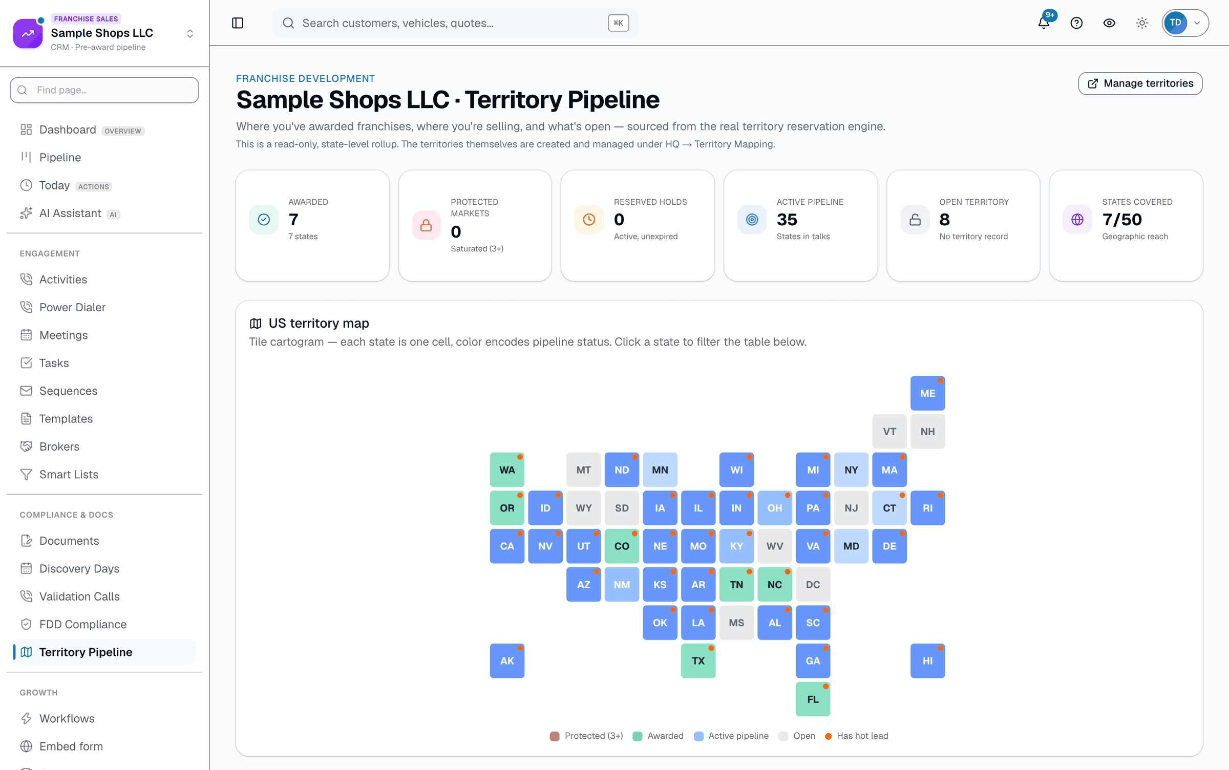 Per-state rollup — awarded, reserved, open — sourced from named territory records. Conflicts are resolved from HQ's separate territory tool.