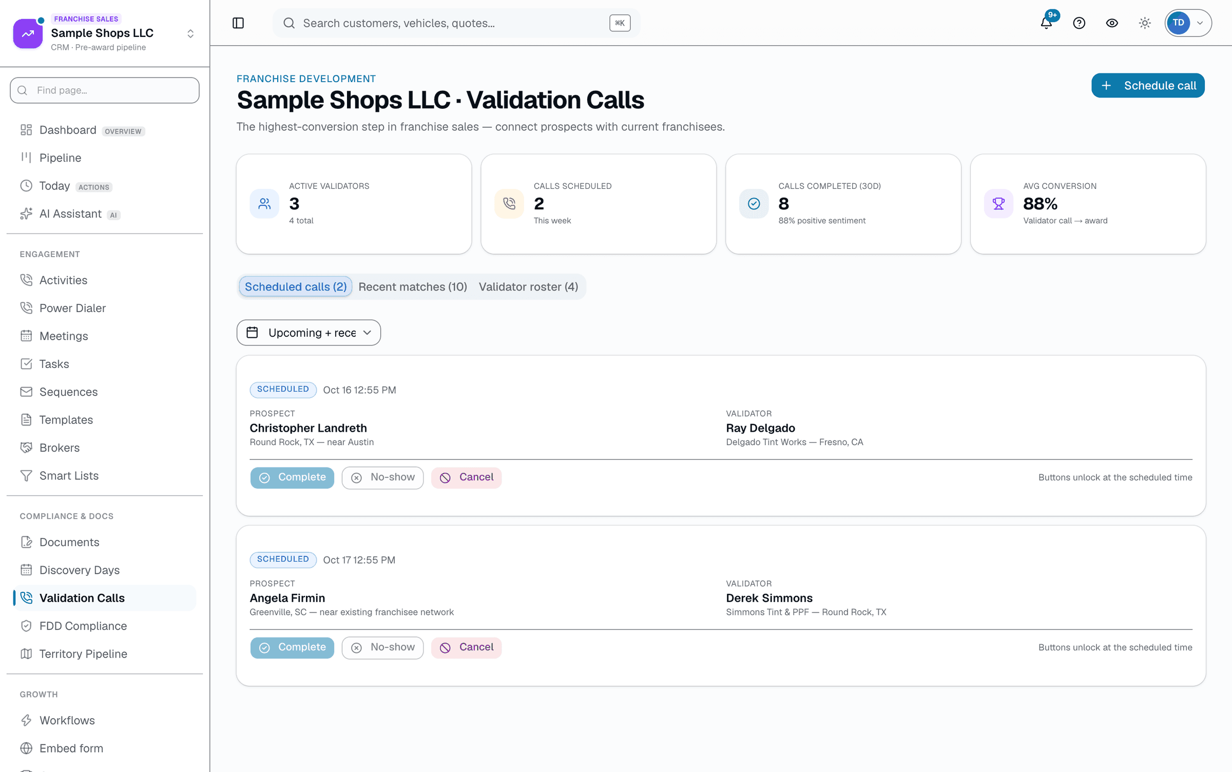 A rep-driven lifecycle: book a call with a time, then log the outcome. No auto-match; booked calls email the validator and prospect.