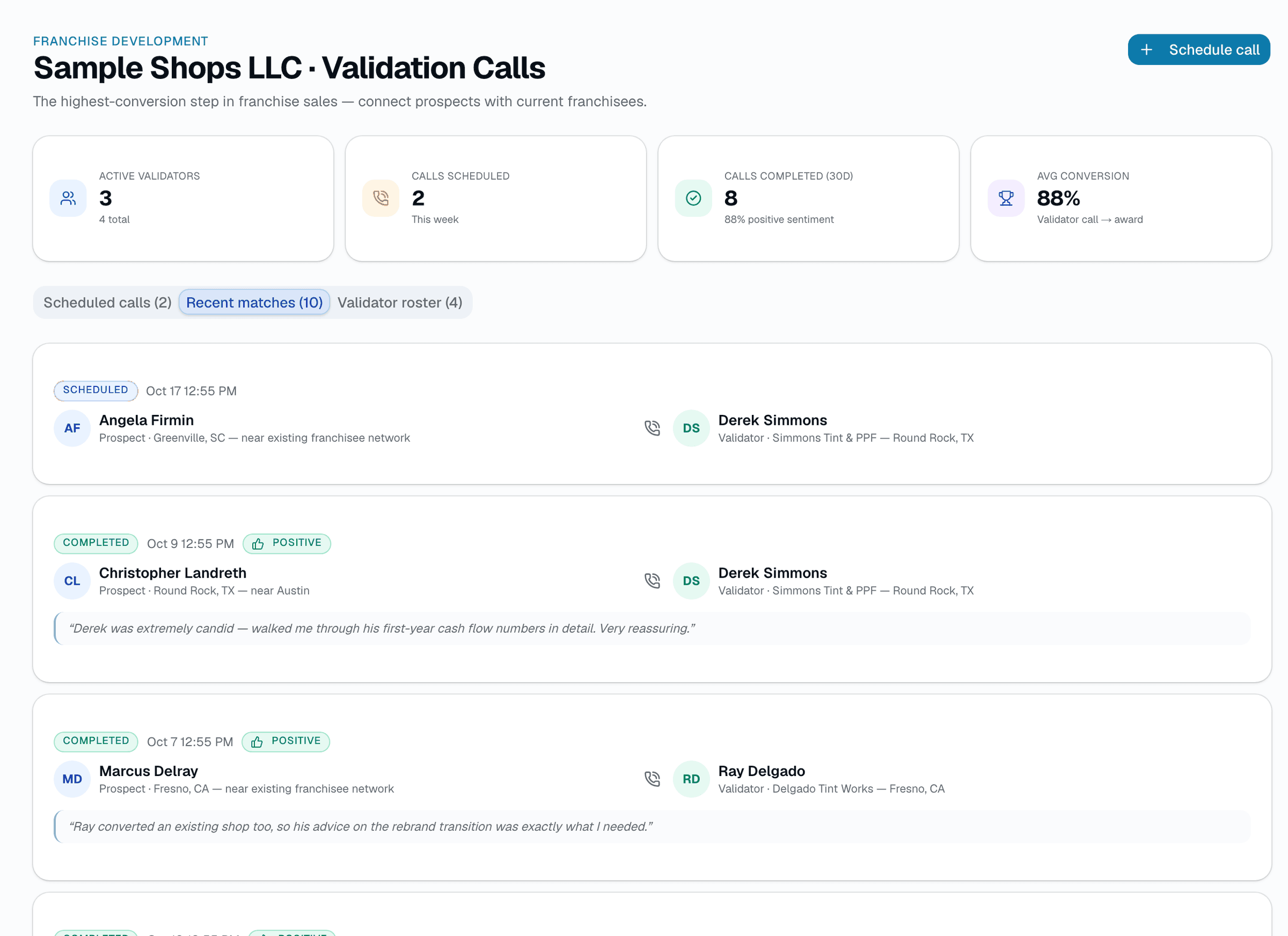 When a rep closes out a call, they enter a single 1-5 rating plus optional notes — there's no separate prospect-side and validator-side rating. Sentiment (Positive/Mixed/Negative) is derived automatically from that number.
