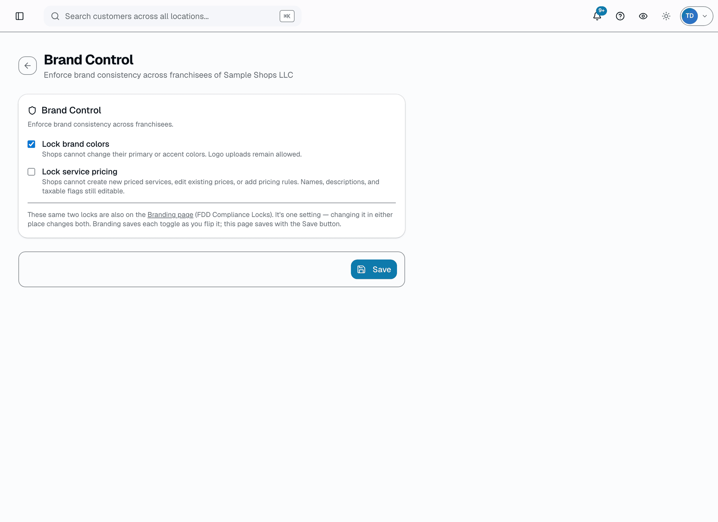 HQ locks brand colors network-wide; the franchisee-side picker is disabled and the save is rejected server-side either way.