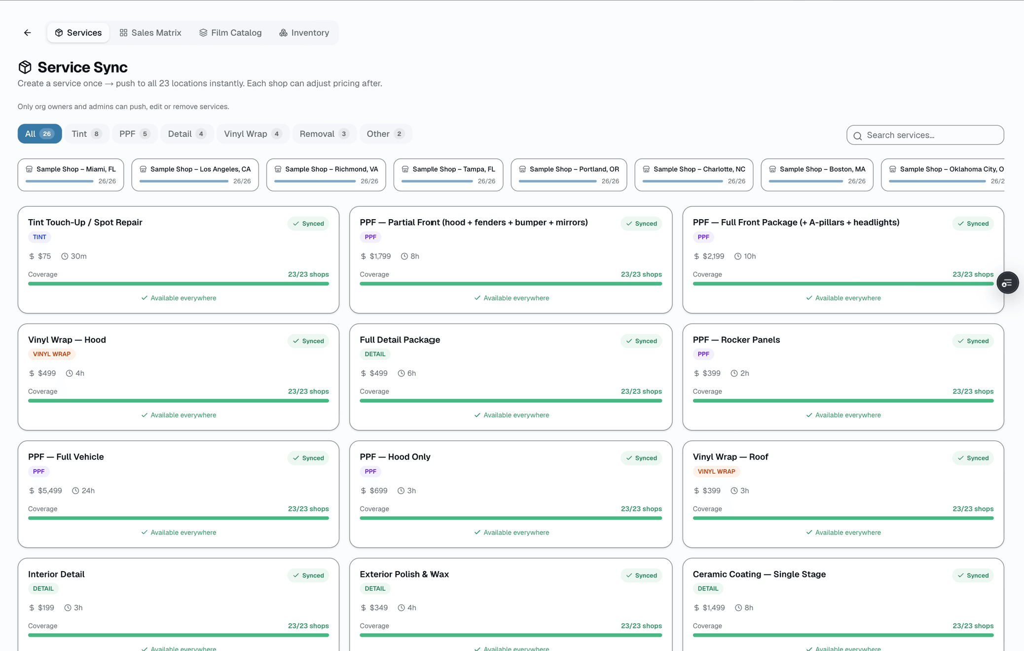 Service Sync is a live view of every shop's actual services with a coverage count (e.g. 3 of 5 shops carry 'PPF · full front').