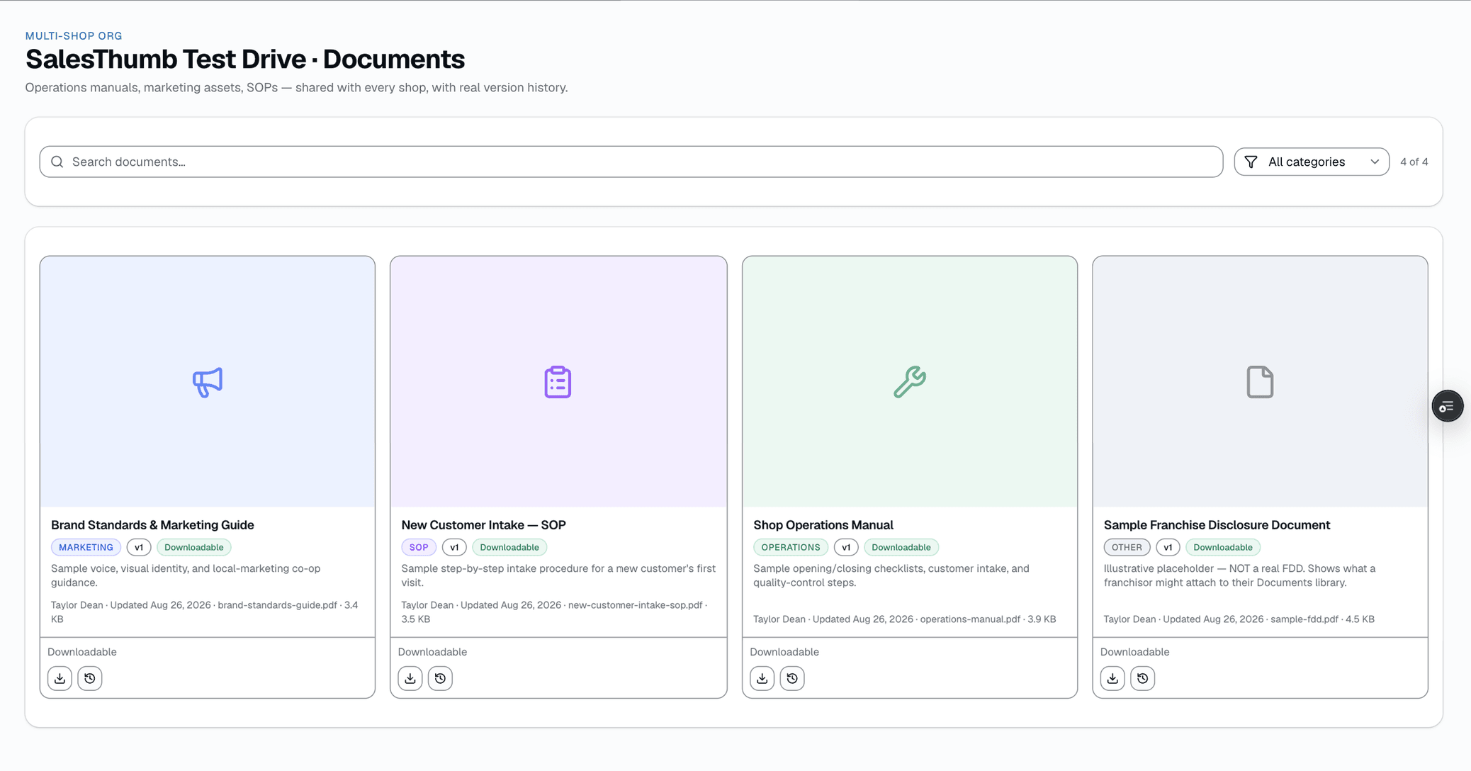 Ops manuals, brand kits, marketing assets, SOPs, legal and financial documents — upload once at the org level and every shop sees it. Re-uploading the same document creates a new version instead of overwriting the old one, so you always have the history.
