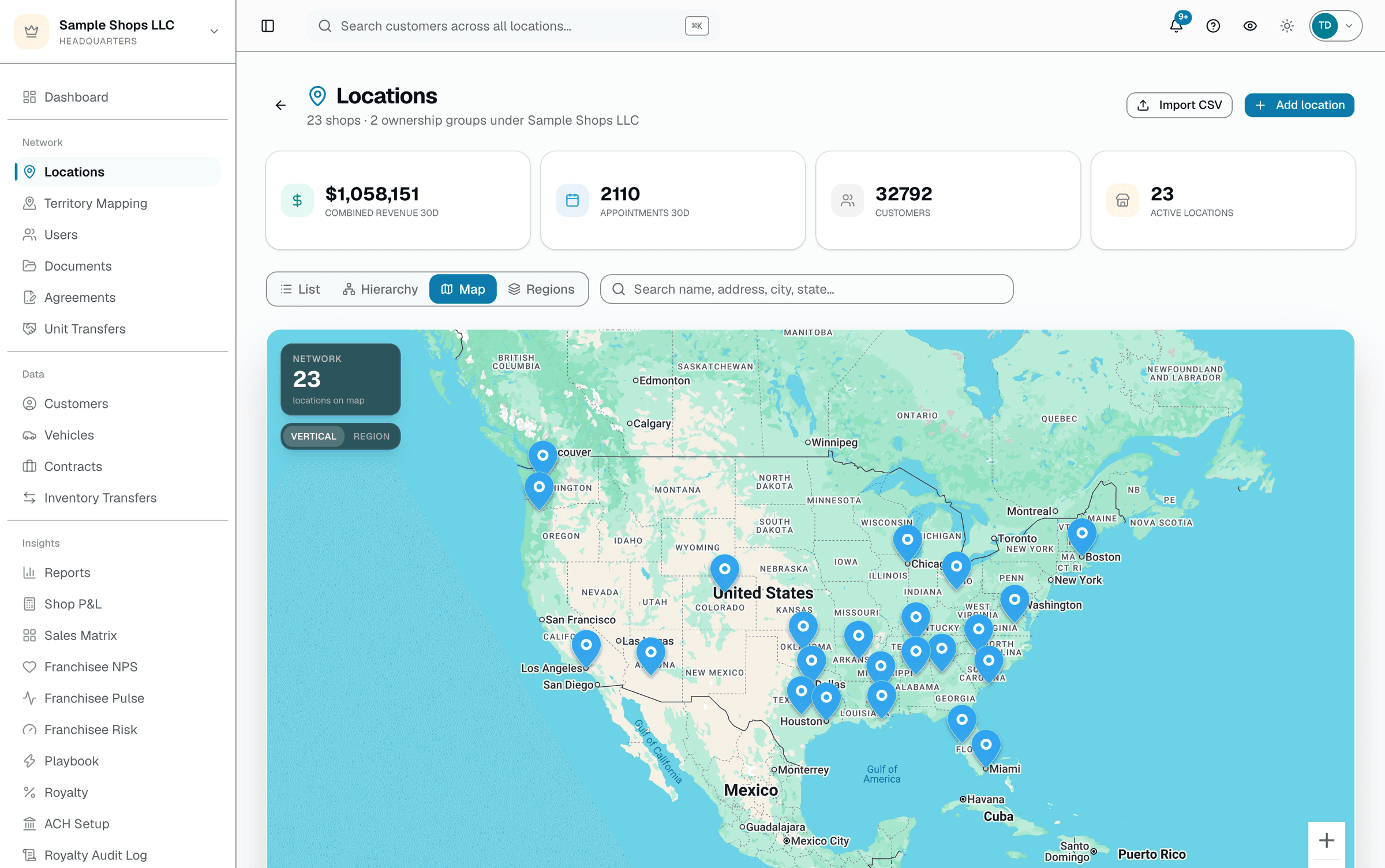 Interactive map of every shop, pins color-coded by vertical (tint, PPF/wrap, detail, flat glass). Click a pin for the address and a link into that shop.