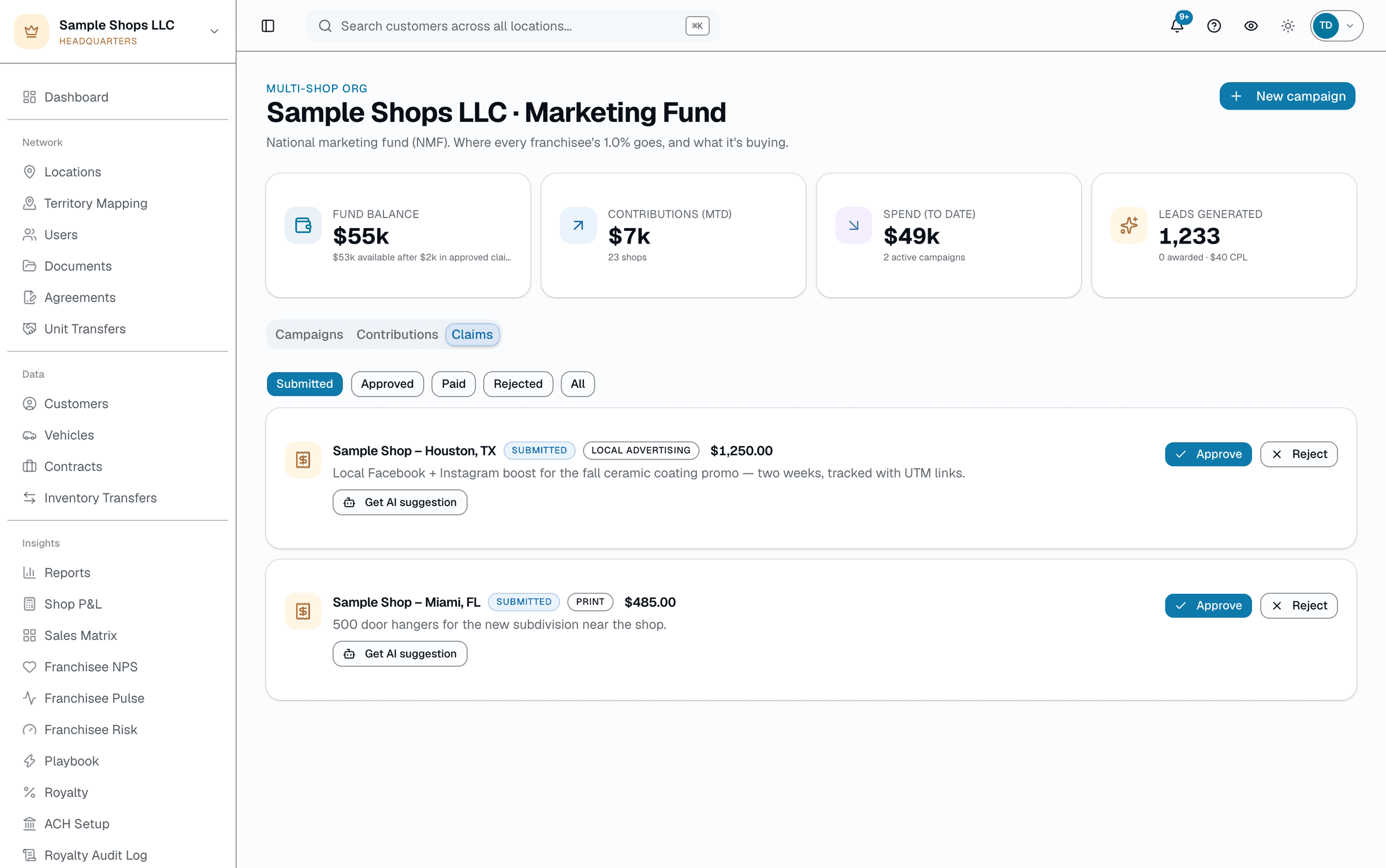 A franchisee submits a claim (amount, category, description, optional receipt) from their own settings page. It lands in HQ's Claims queue as Submitted.