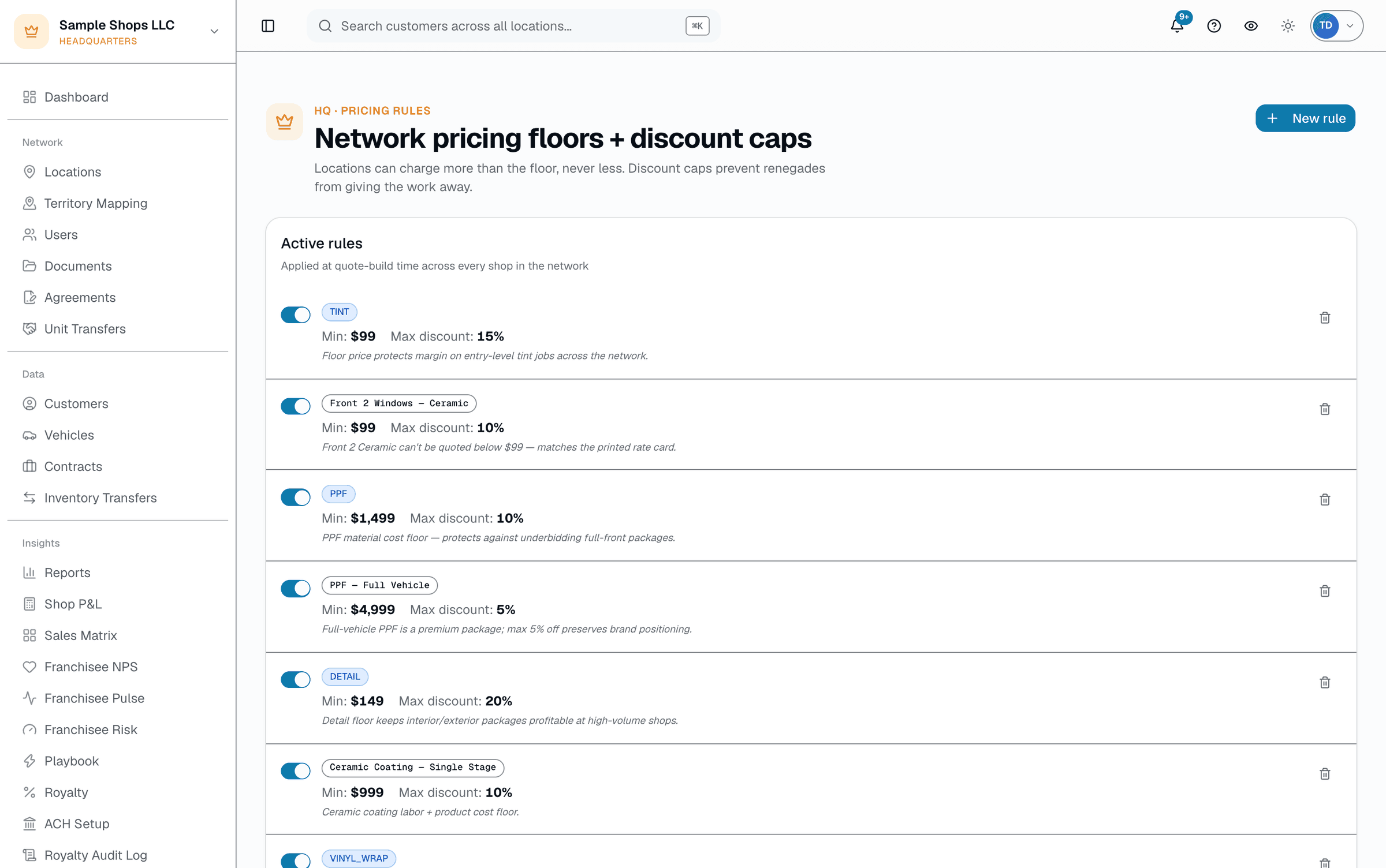 Minimum price floor and/or max-discount % by category or service-name pattern — alongside HQ's optional service-pricing lock.