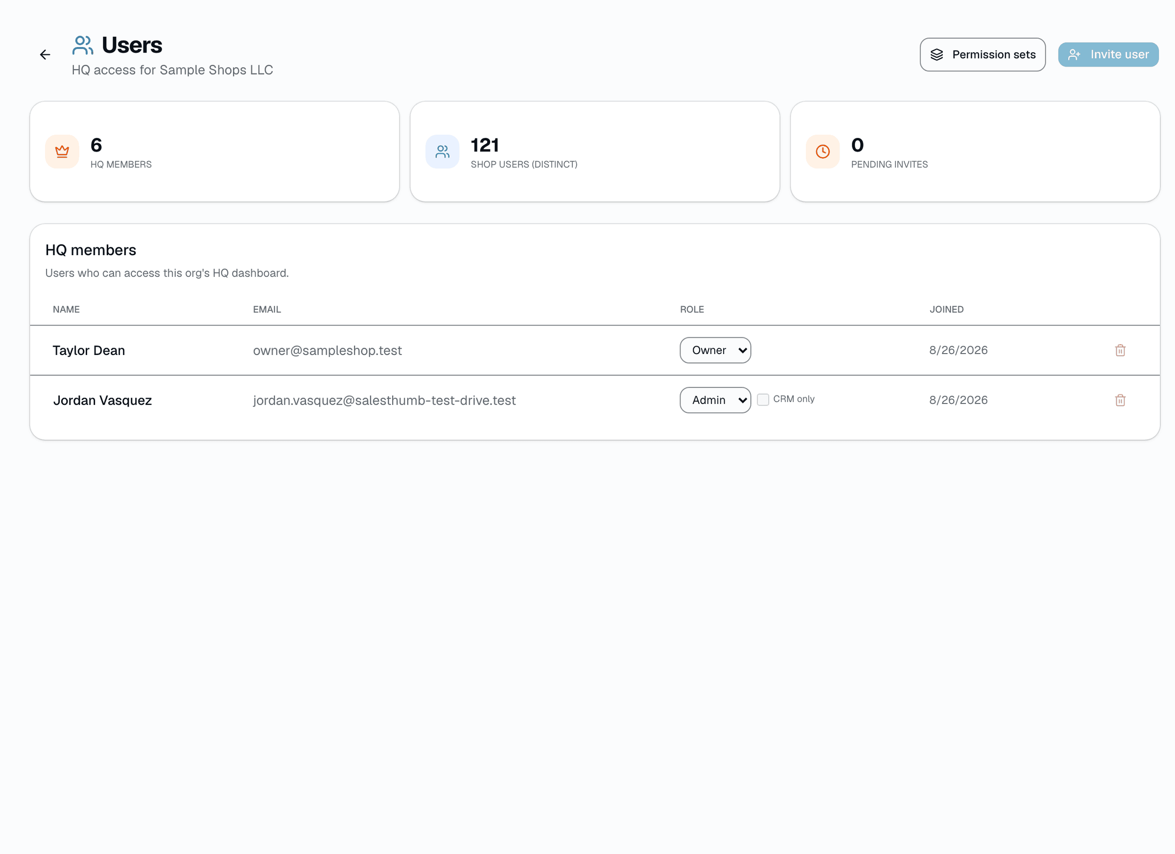 Org-level access: invite people as Owner, Admin, or Viewer with a shareable link. Per-shop staff roles are managed separately, in each shop's own team settings.
