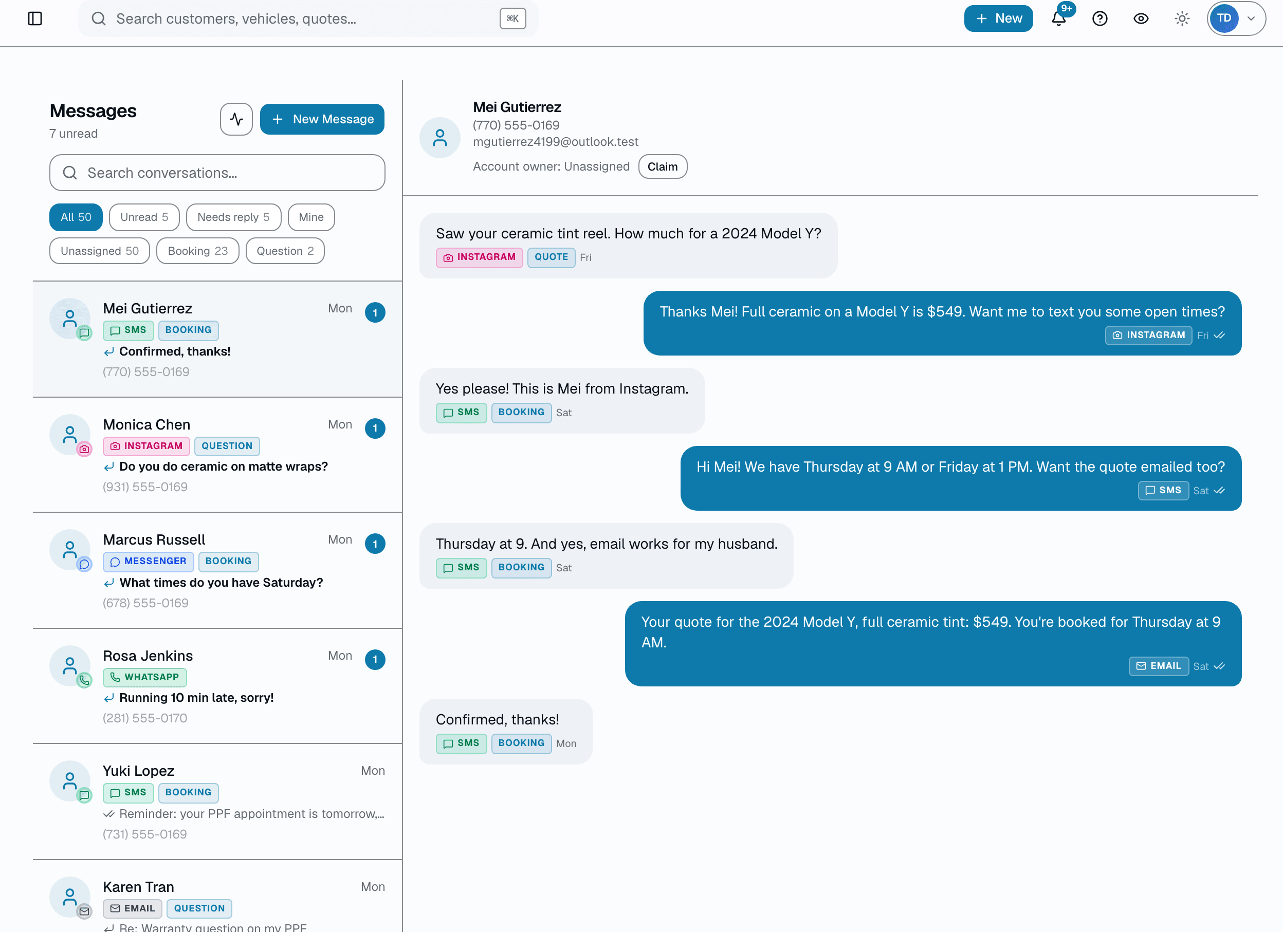 Texts, email, Messenger, Instagram and WhatsApp threads side by side, each tagged with where it came from. This customer started on Instagram, moved to text, and got her quote by email, all in one conversation.
