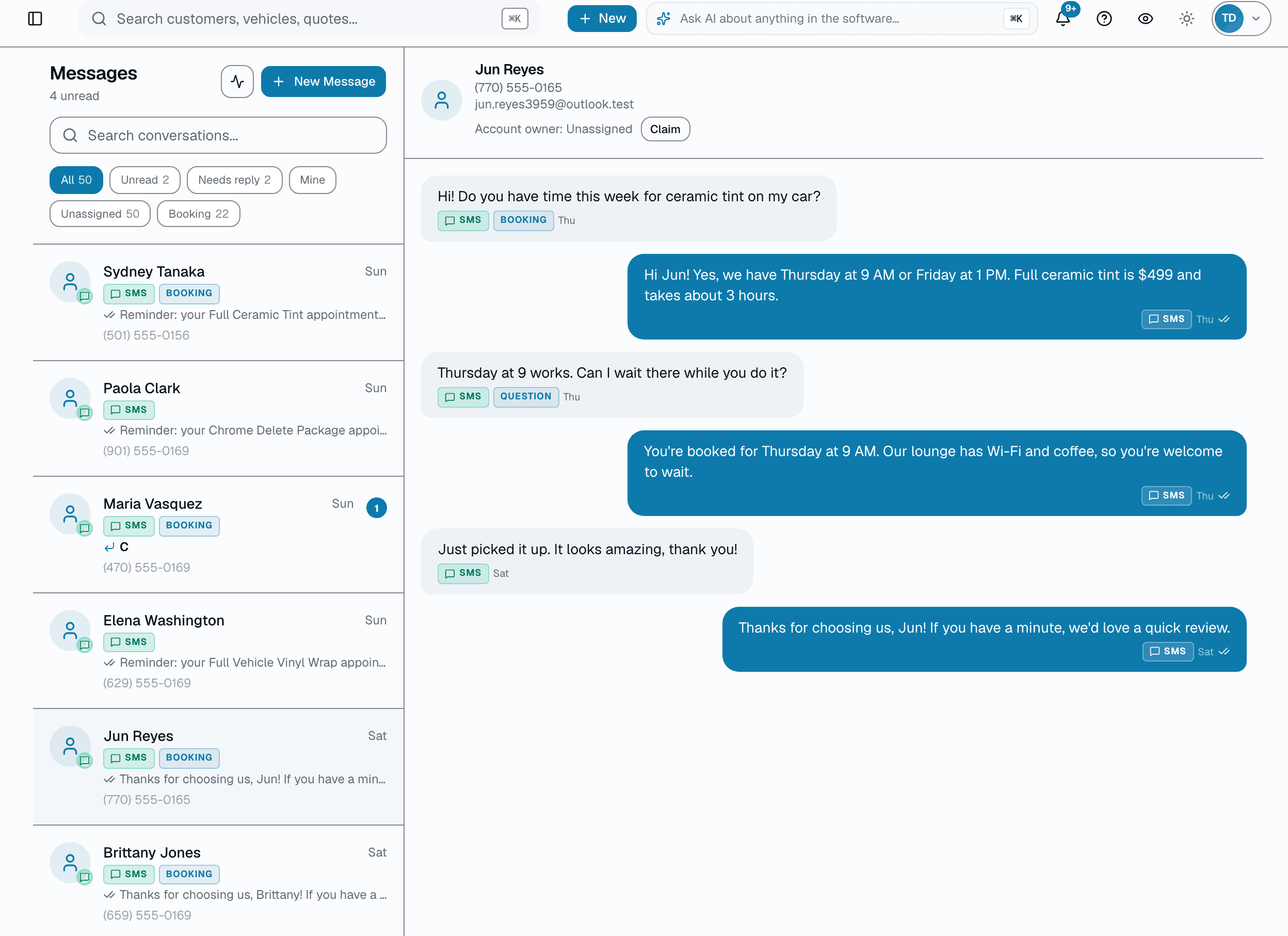 SalesThumb shared text inbox with a customer conversation