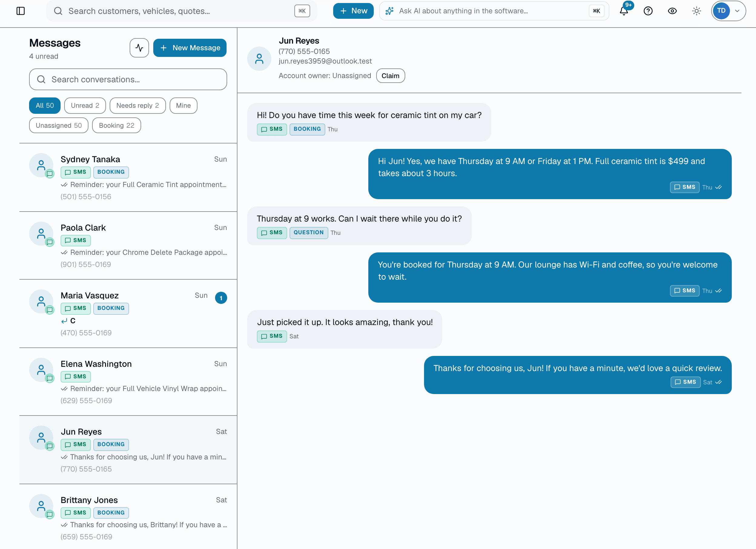 Messaging chaos is a common reason shops double-text customers and miss replies. SalesThumb puts every conversation in one shared inbox — front desk, installers, owner, all seeing the same threads.