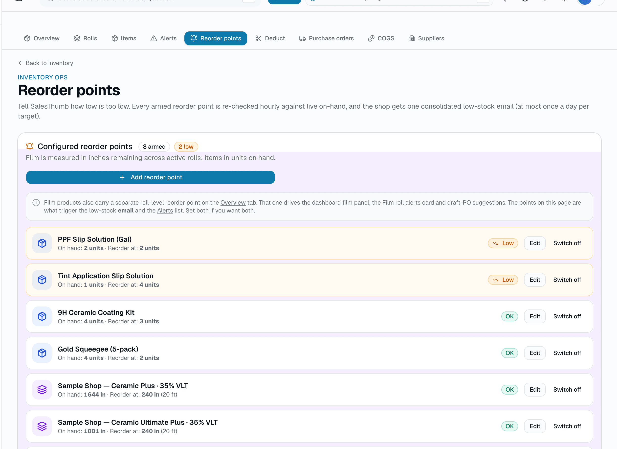 Set a reorder threshold per SKU. Cross it, and the roll or item shows up on the low-stock view with how far under threshold it is — the same list the dashboard's low-stock badge counts against.