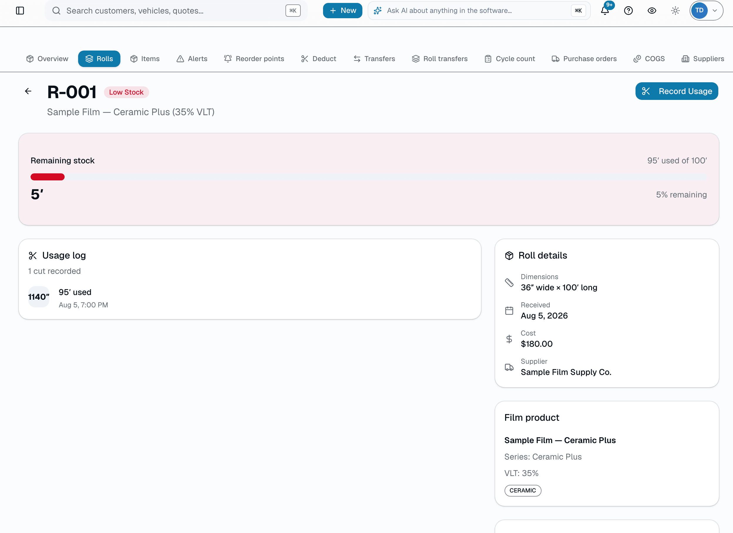 Click any roll and you see its full history: received date, cost, supplier, lot number, and every usage deduction ever recorded, with notes and who logged it. Record a new deduction in seconds, or delete a mistaken entry.