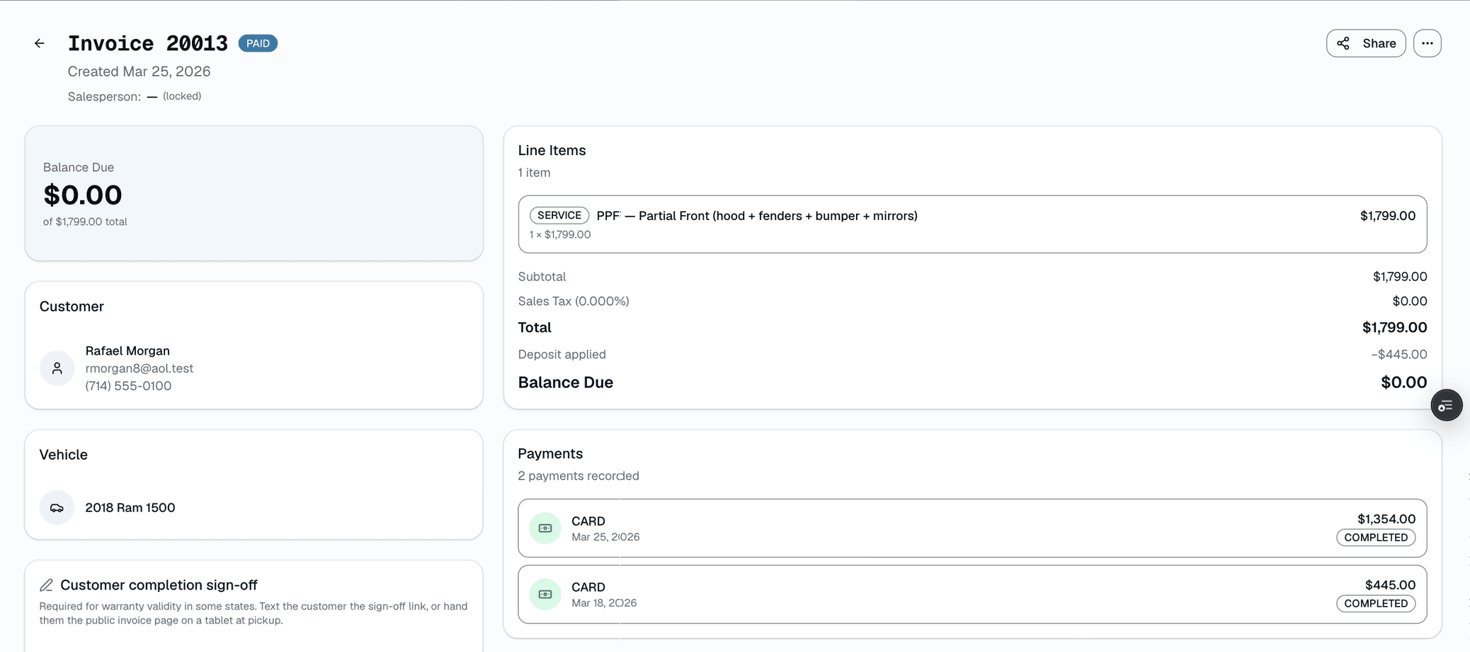 Deposit $200 at booking, $500 cash when the tech starts, $500 card at pickup. Every tender lands on the same invoice with method, staff member, and timestamp.