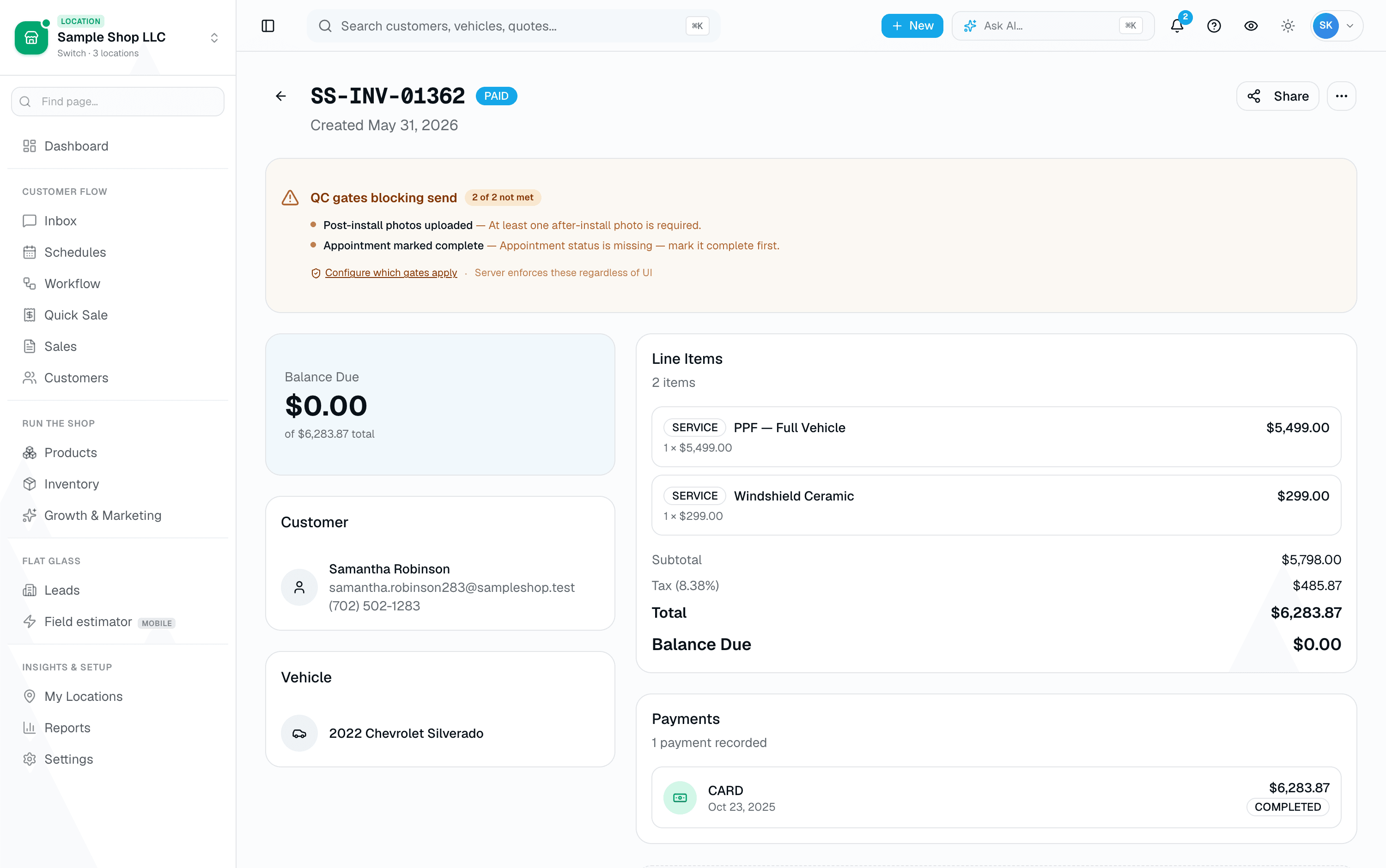 Itemized lines with tax, payments, QC gates before send, and a live PAID status badge.