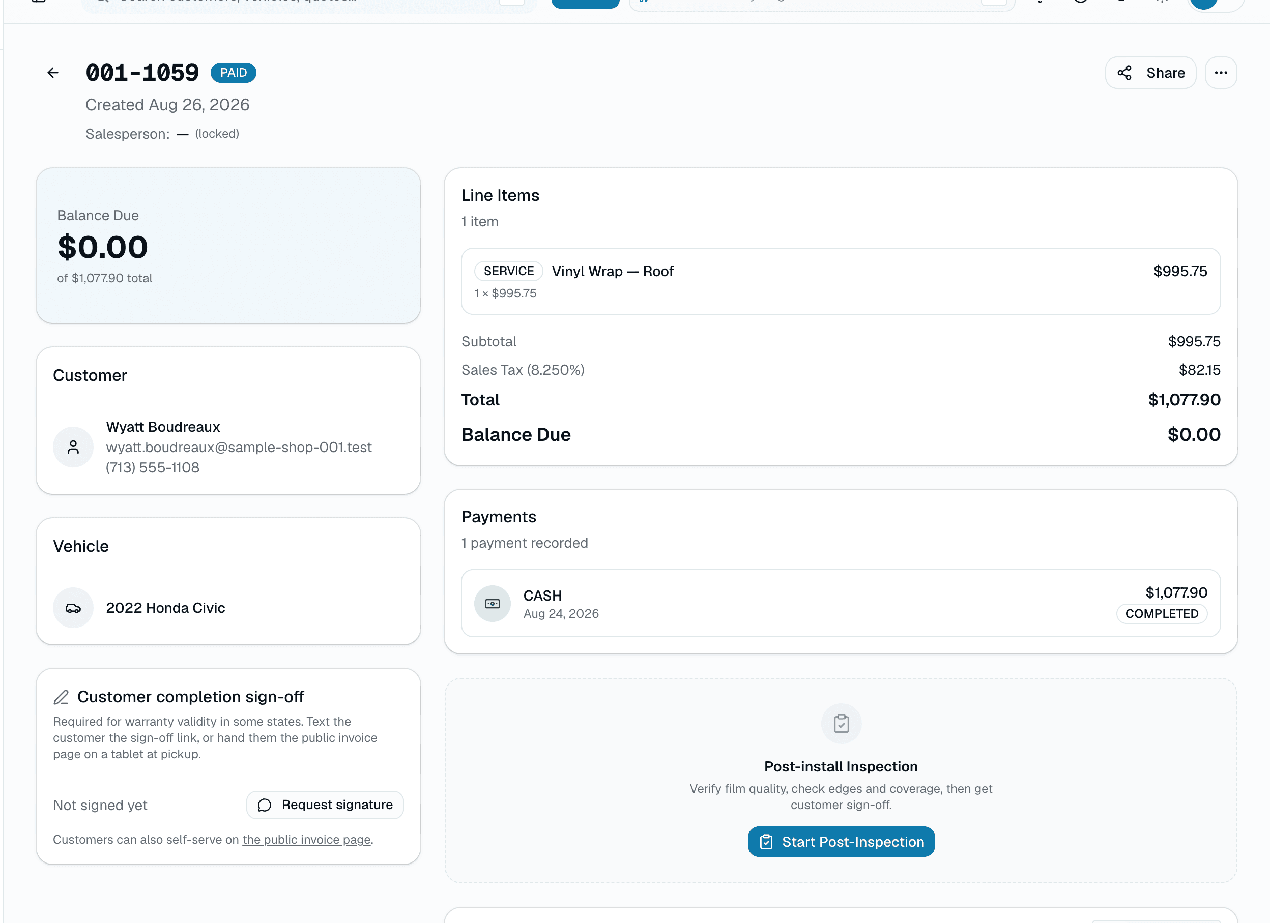 SalesThumb invoice with line items, tax and balance due