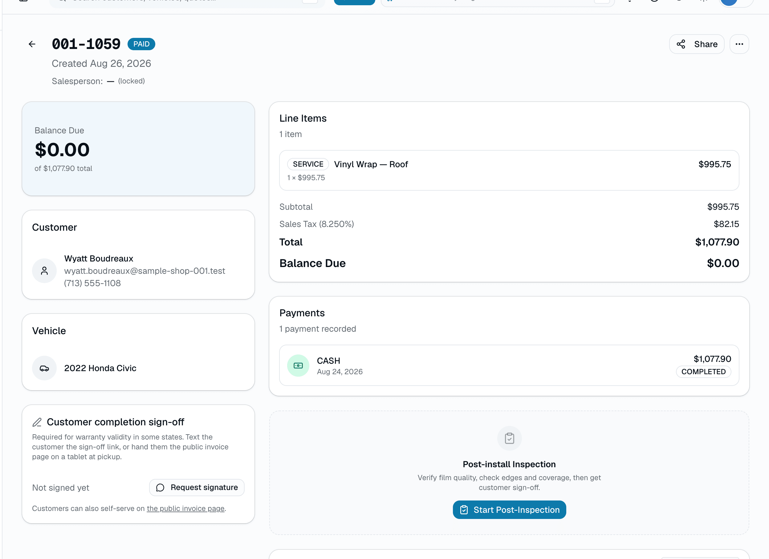 Itemized lines with tax, payments, QC gates before send, and a live PAID status badge.