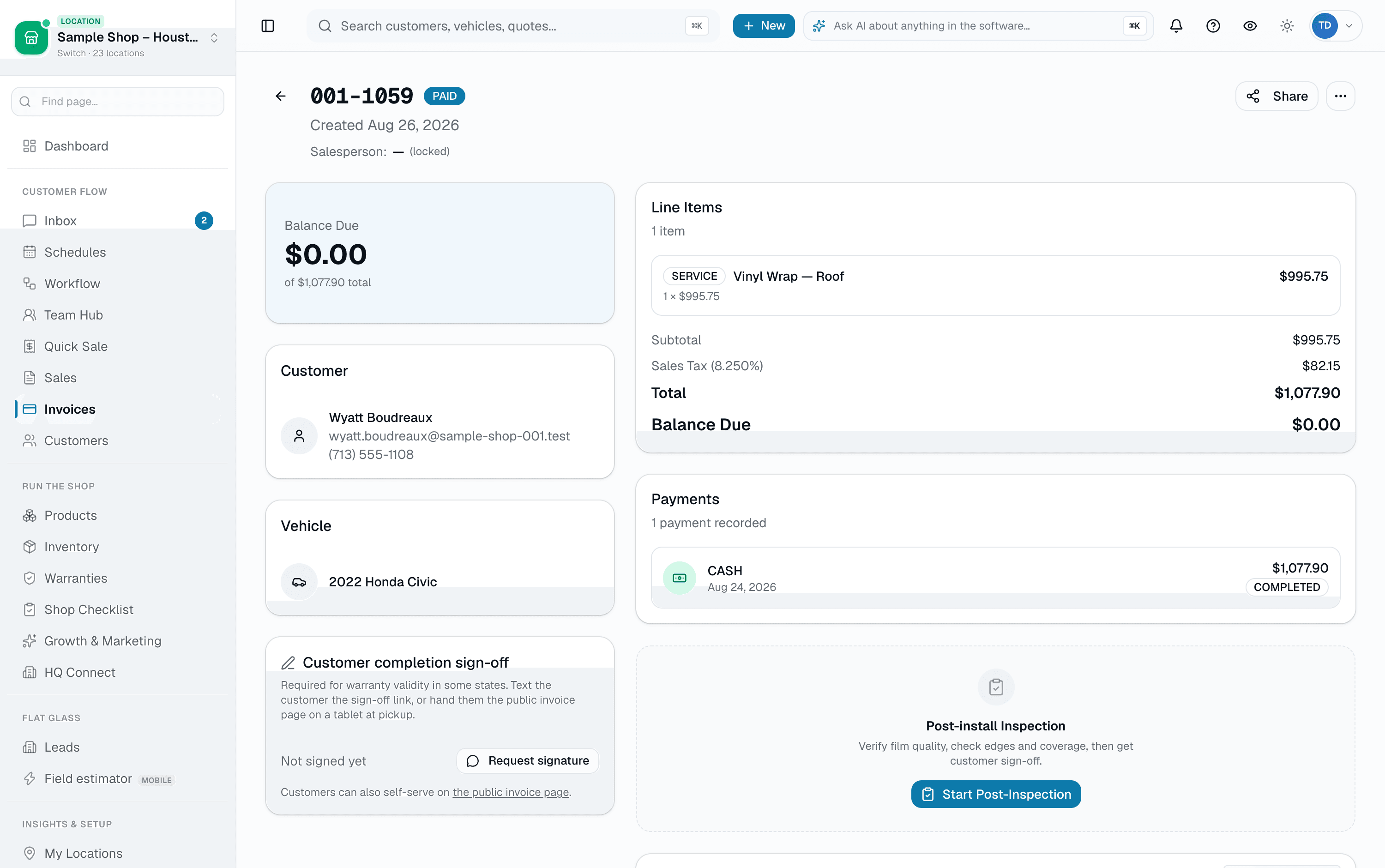 Itemized lines with tax, payments, QC gates before send, and a live PAID status badge.