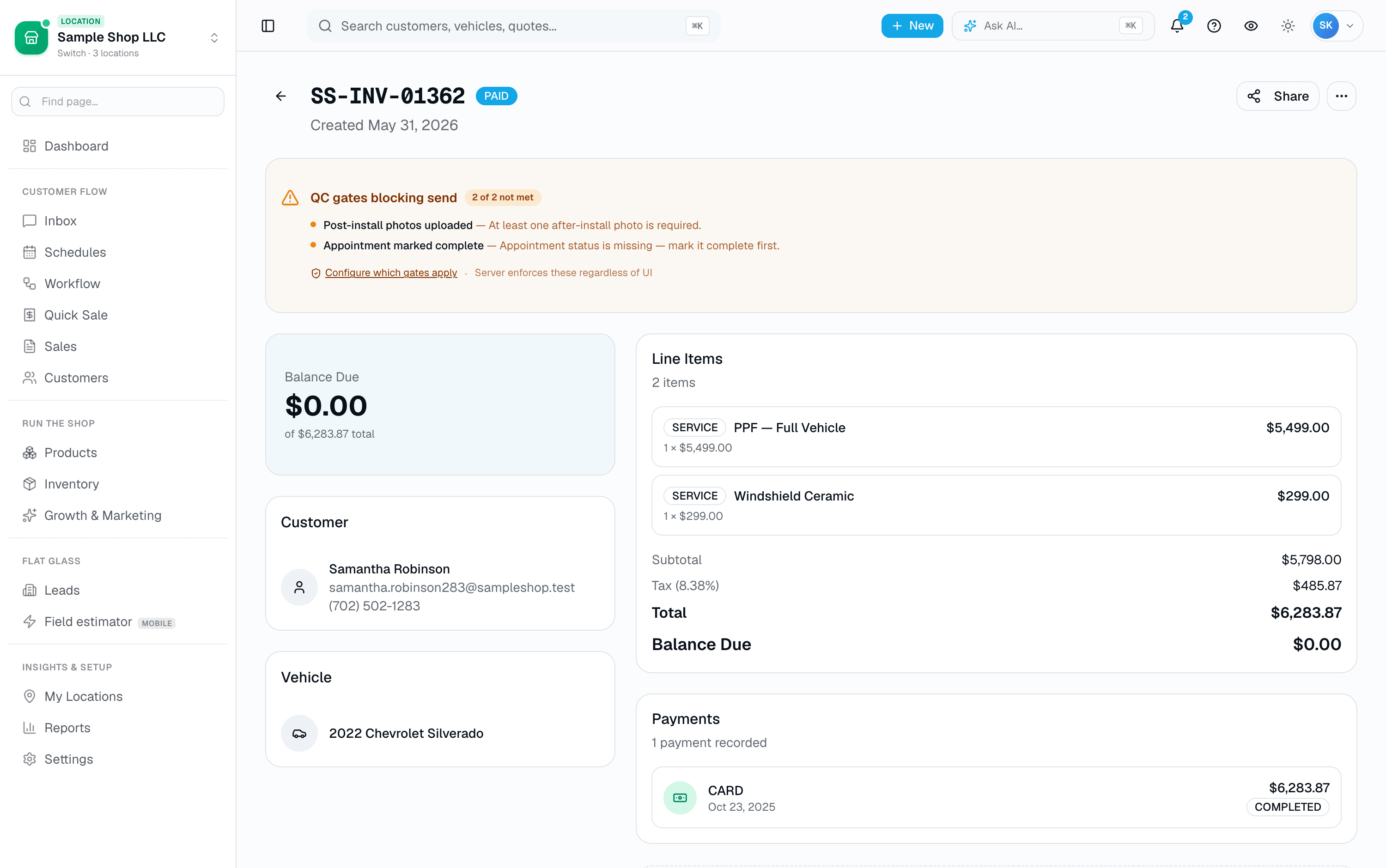 Itemized lines with tax, payments, QC gates before send, and a live PAID status badge.