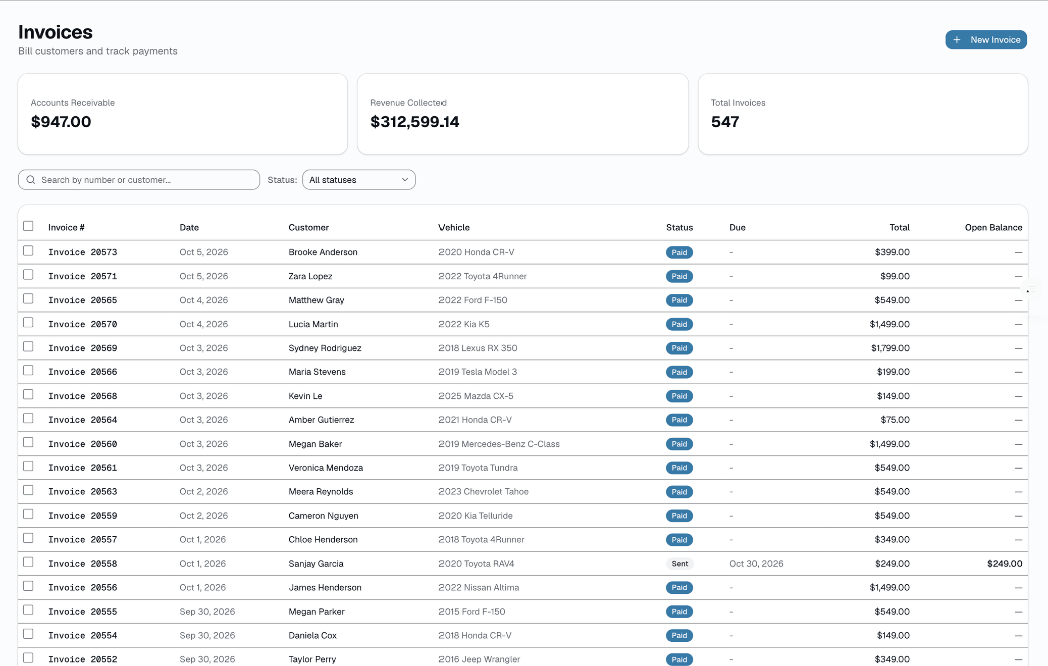Unpaid / partial / overdue / paid — filter and search in one screen.