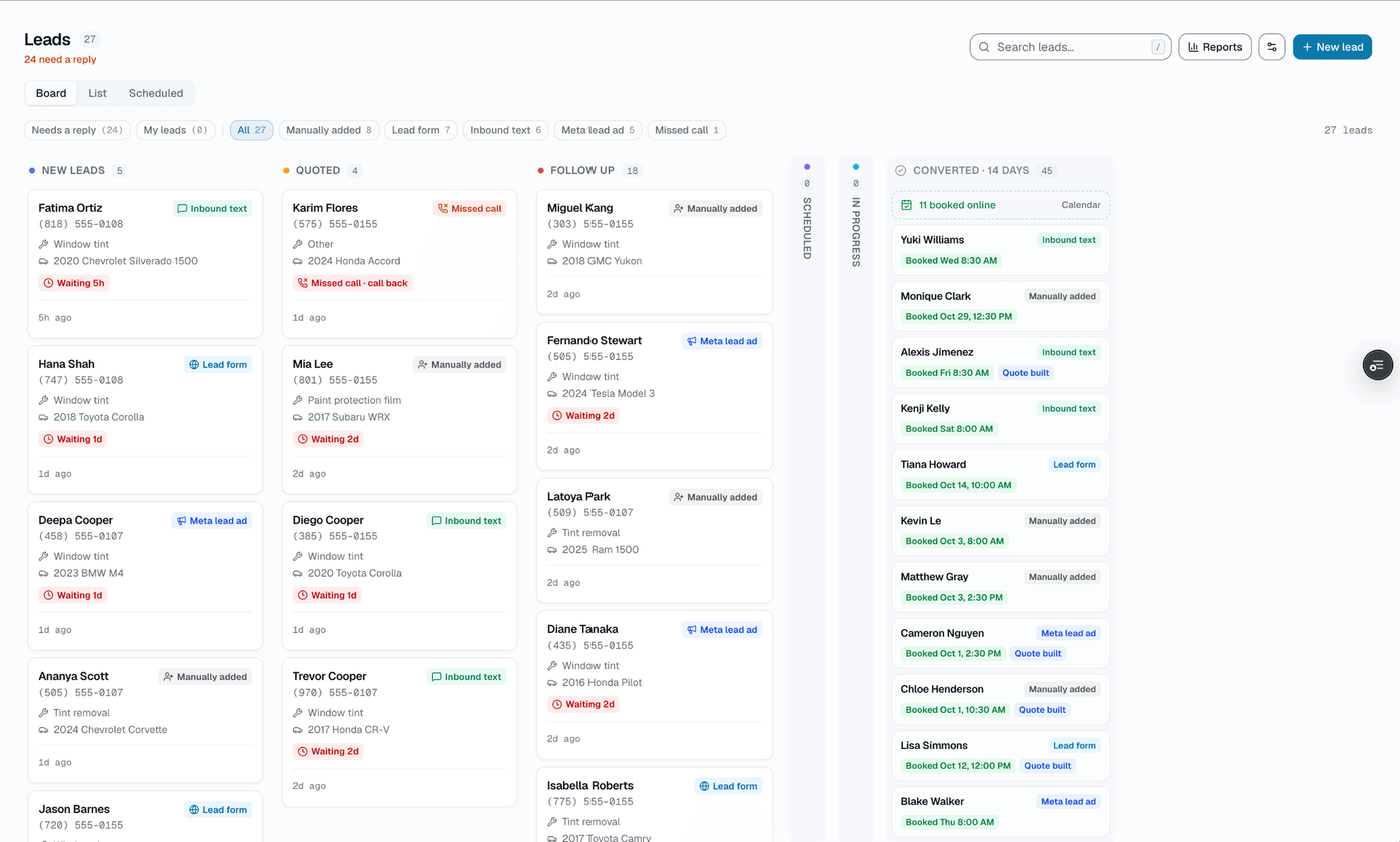 Lead → Prospect → Active → At Risk → Won Back → Churned. Live counts + revenue in each header. Drag to restage.